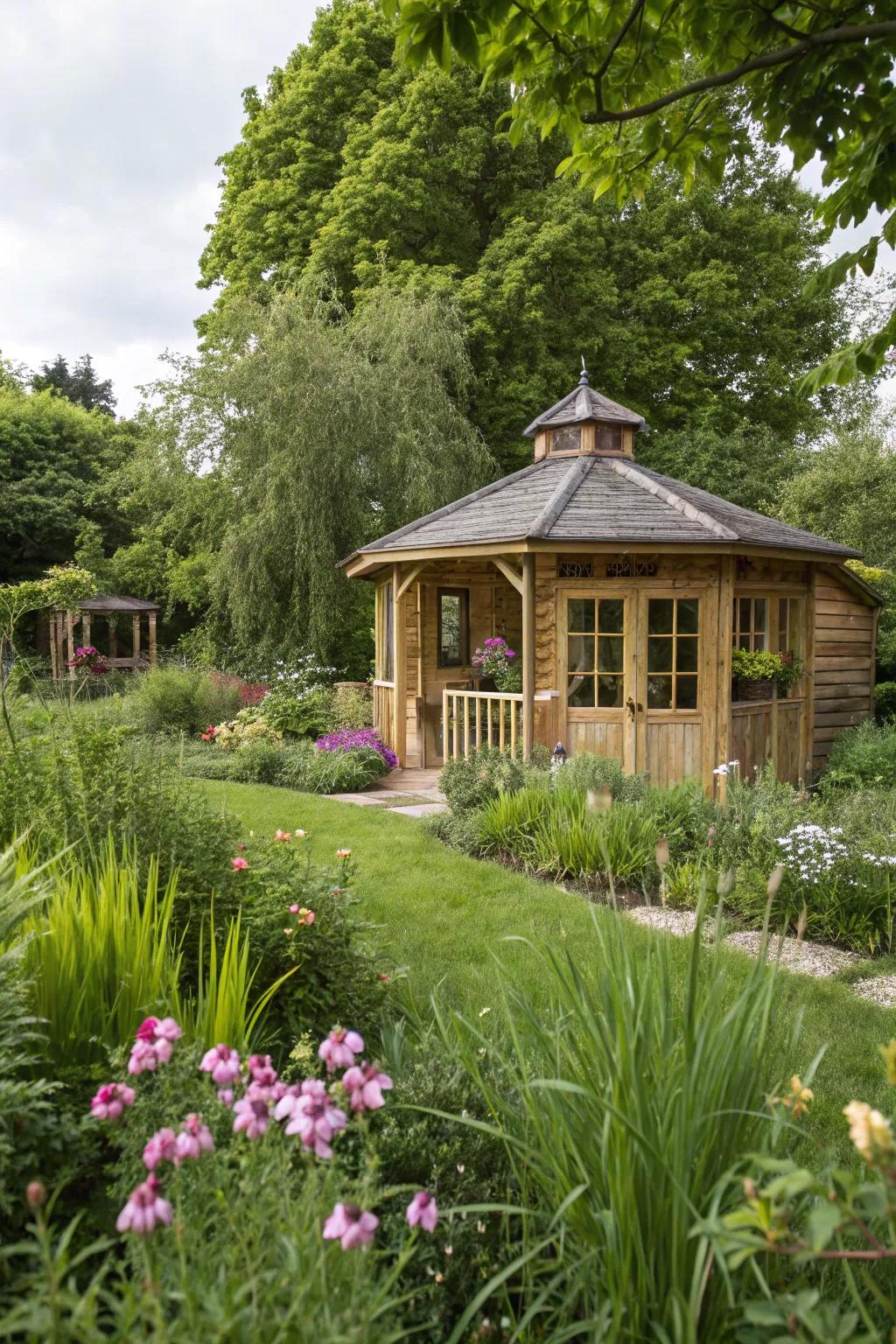 A summer house with a natural wood surface, embracing its rustic charm.