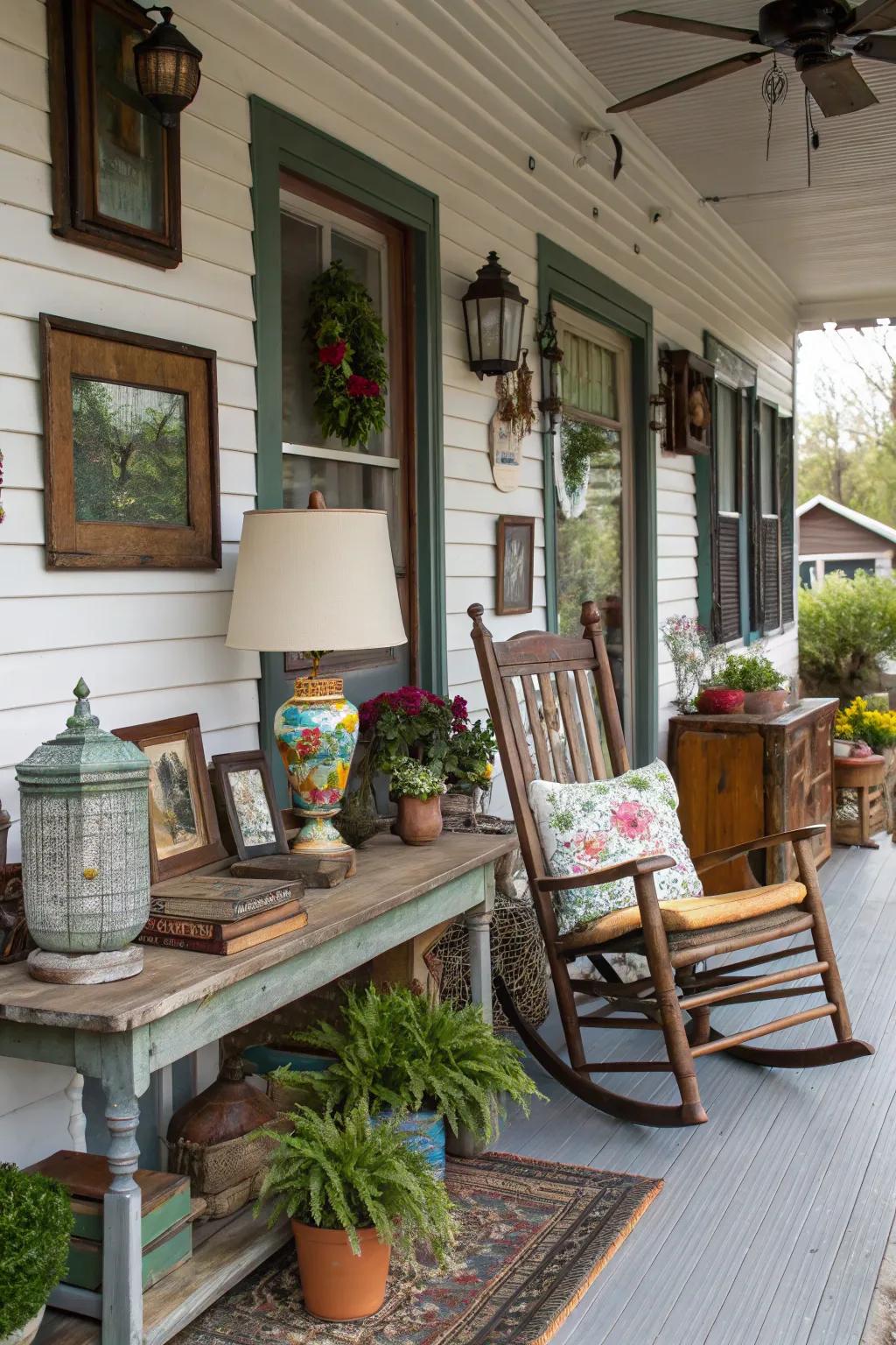Eclectic vintage finds add charm and character to your porch.
