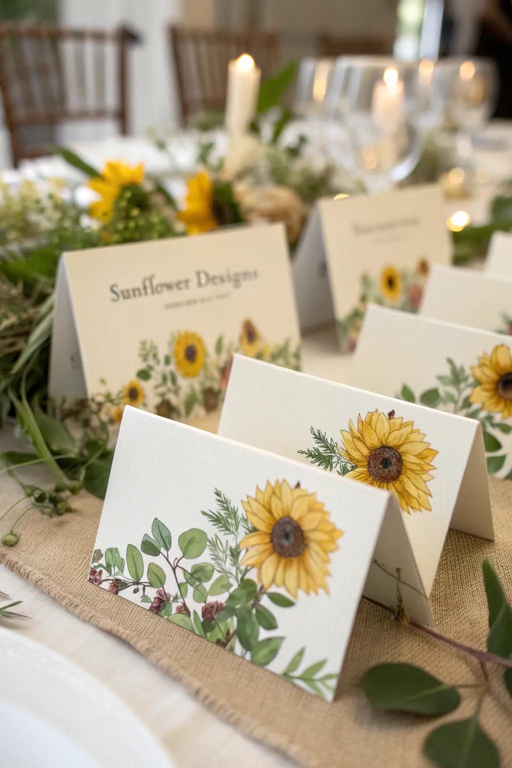 Elegant place cards adorned with sunflower motifs.