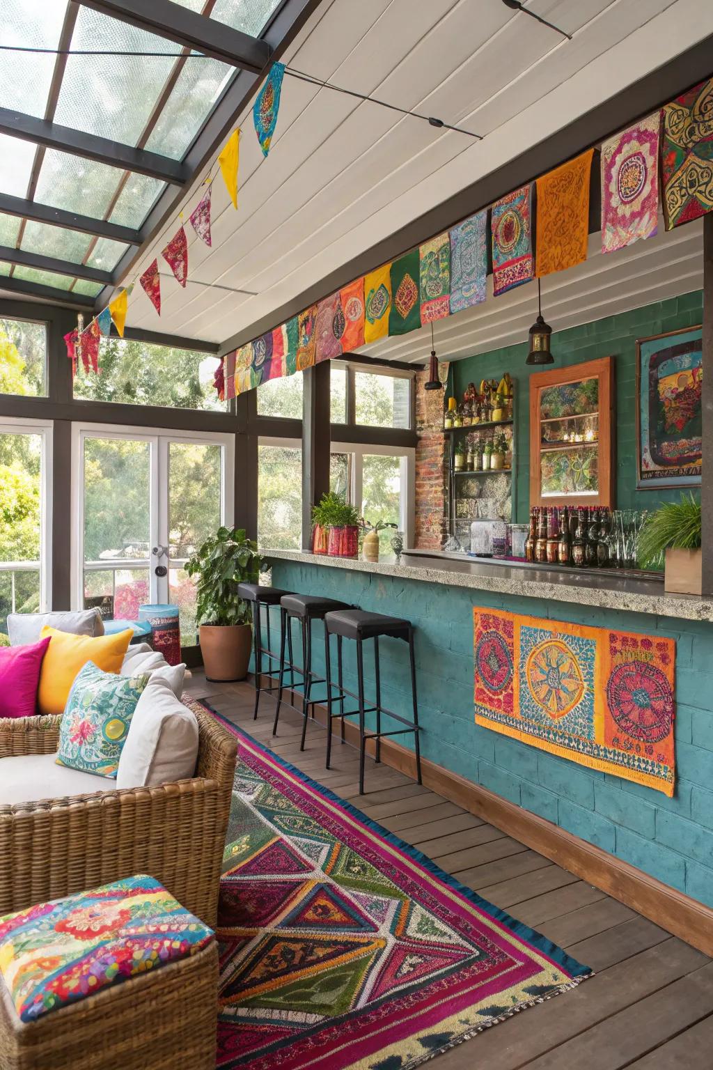 Colorful accents introduce personality and vibrancy to your sunroom bar.