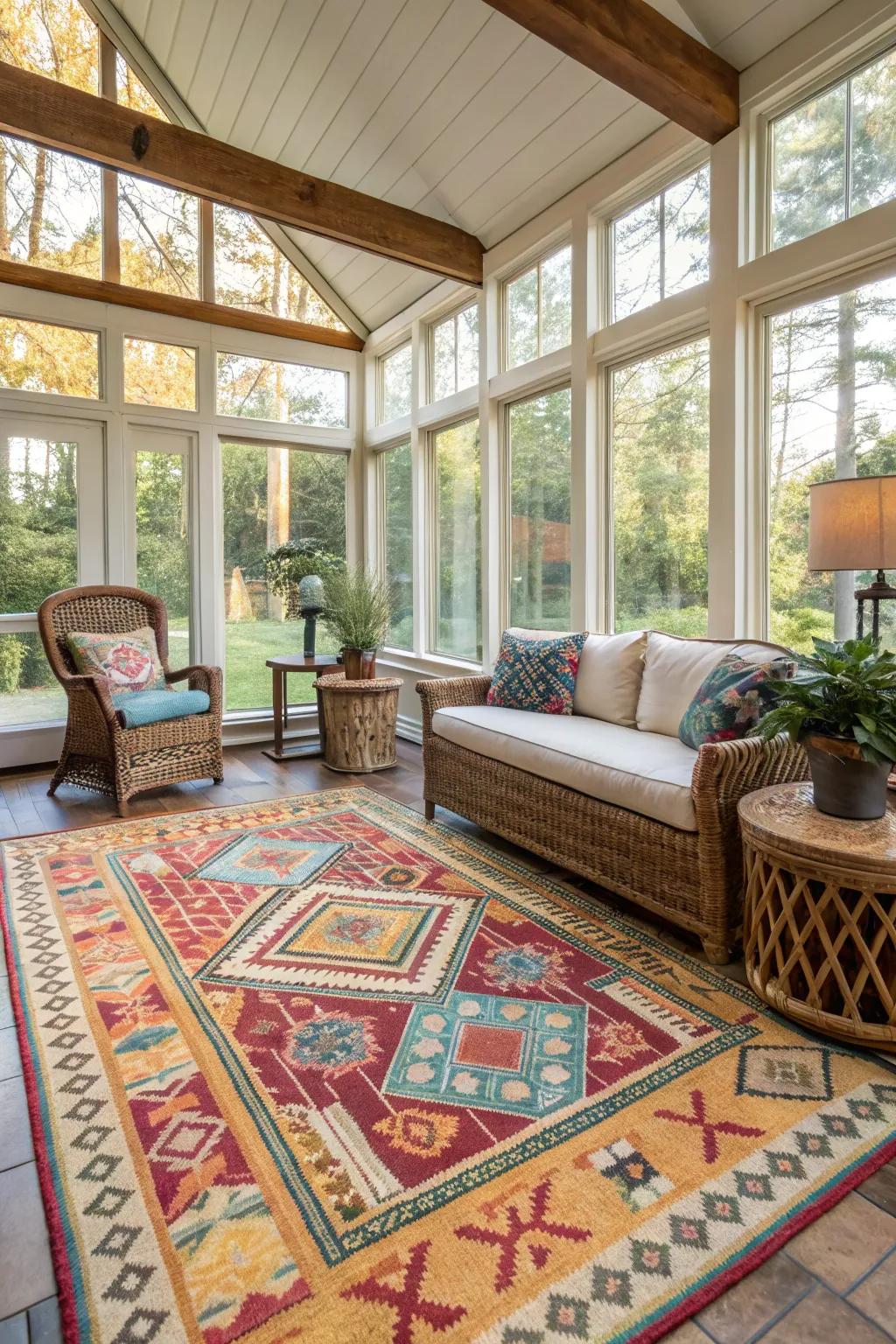 A patterned floor covering enhances the texture and style of the sunroom.