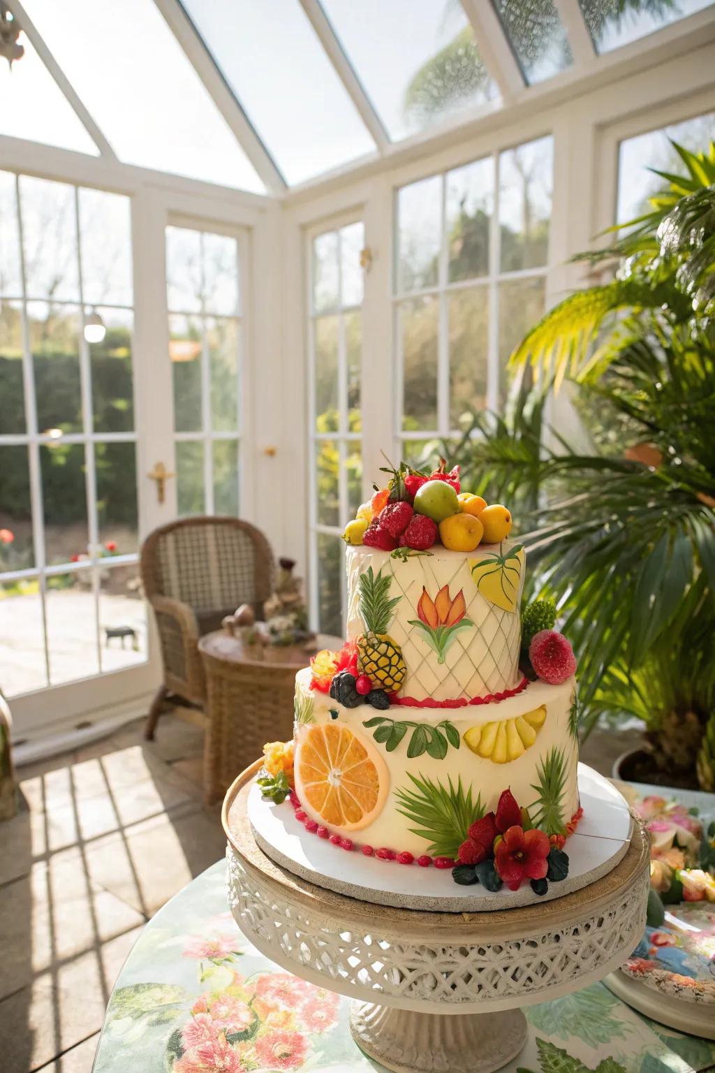 A cake with equatorial vibes transporting a slice of paradise to the celebration.