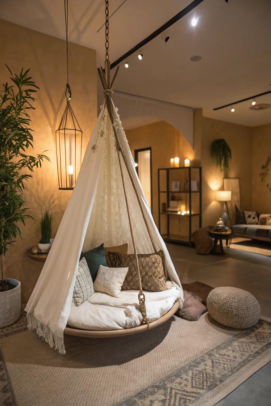 A clothing tent swing offers a unique and relaxing retreat in your home.