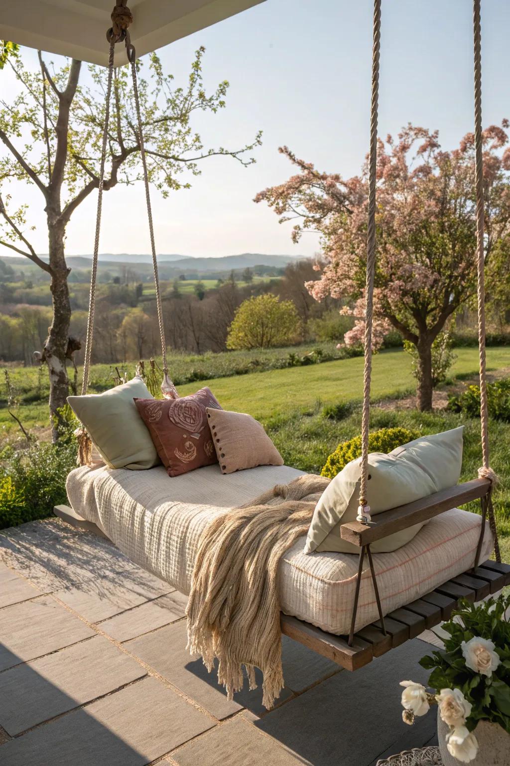 A swing bed presents an oasis of comfort and leisure.