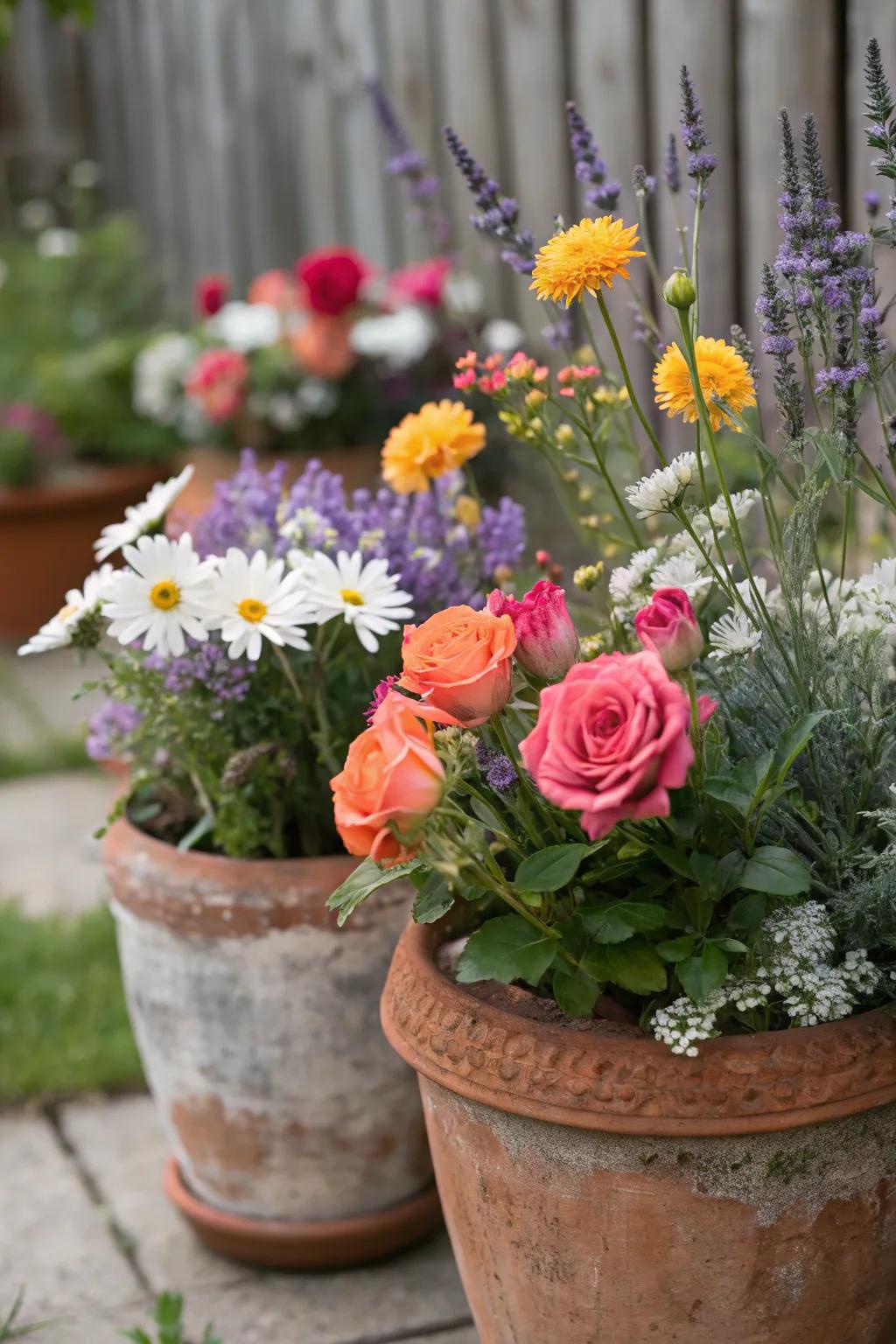 A comforting, rural centerpiece showcasing sunflowers within baked clay containers.