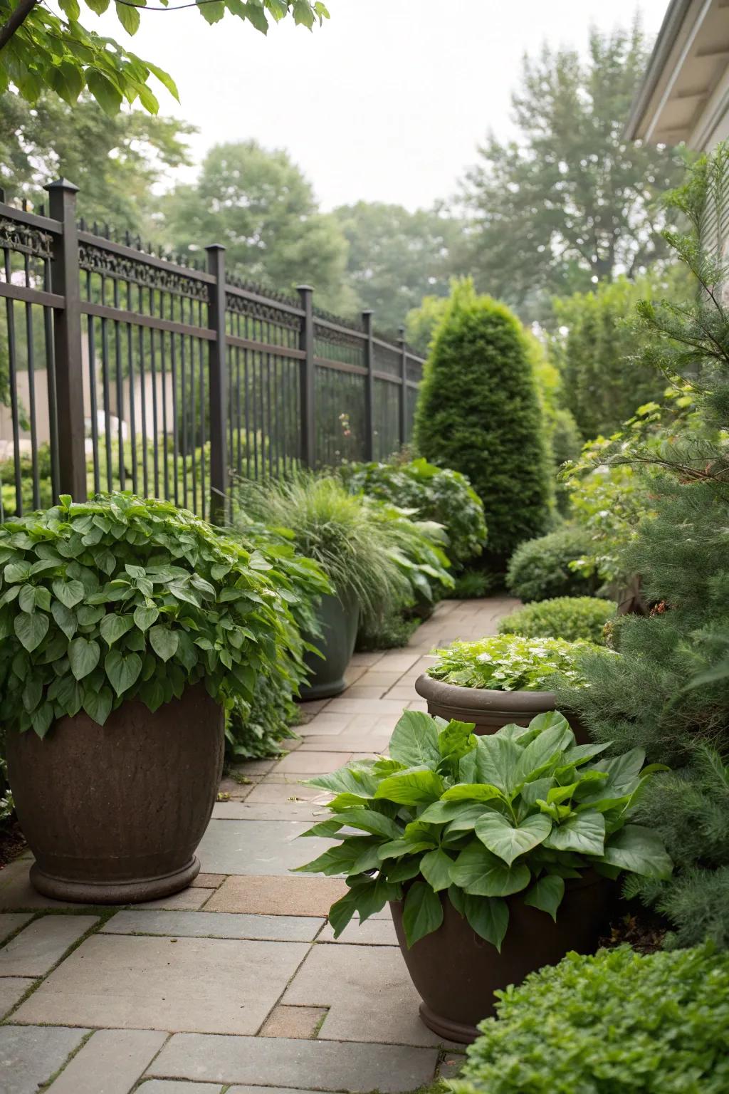 Large boxed plants delivering adaptable privacy answers.