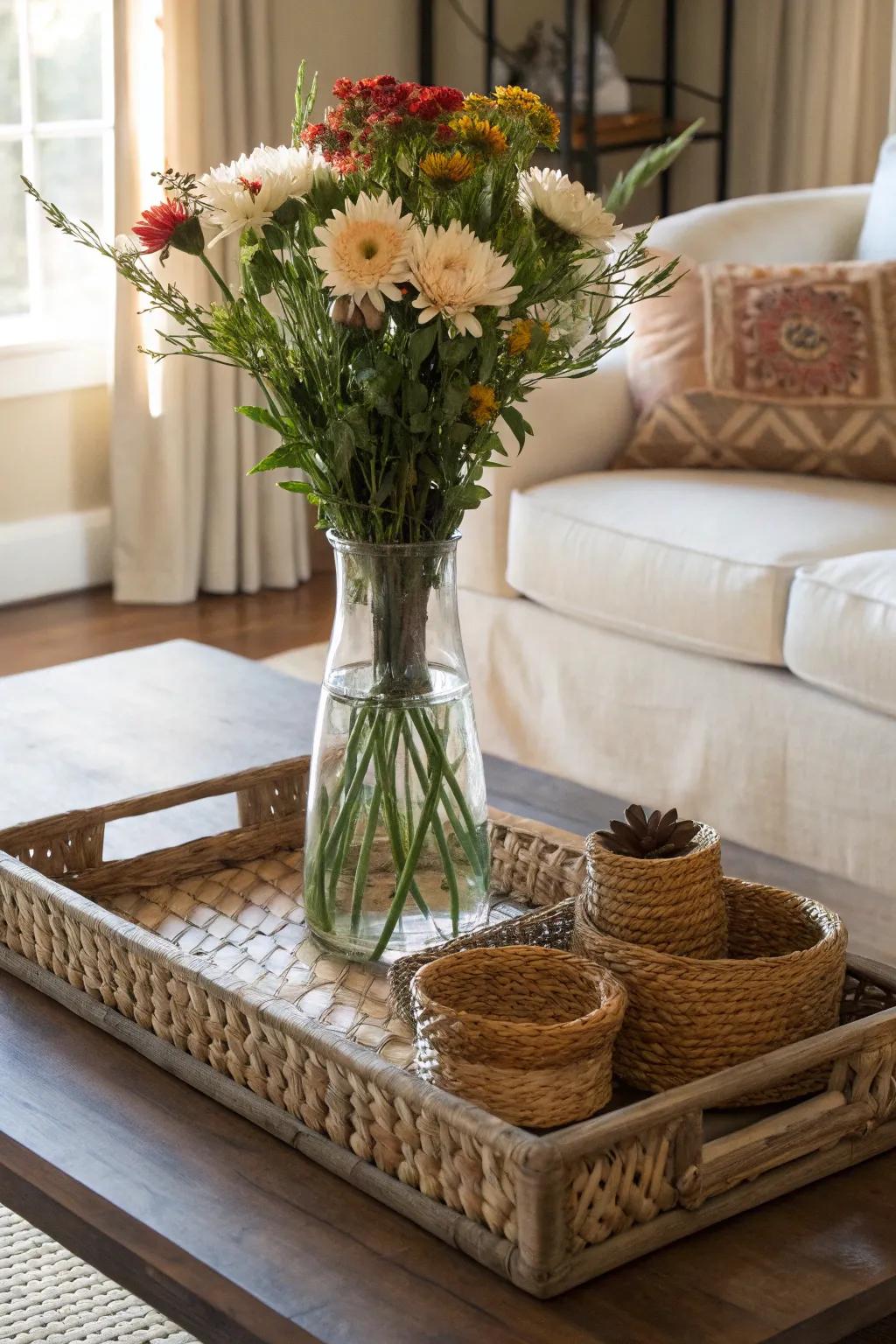 An elevated glass vase positioned upon an ornamental platter accompanied by baskets, thereby imparting a stratified aesthetic to an occasional table.