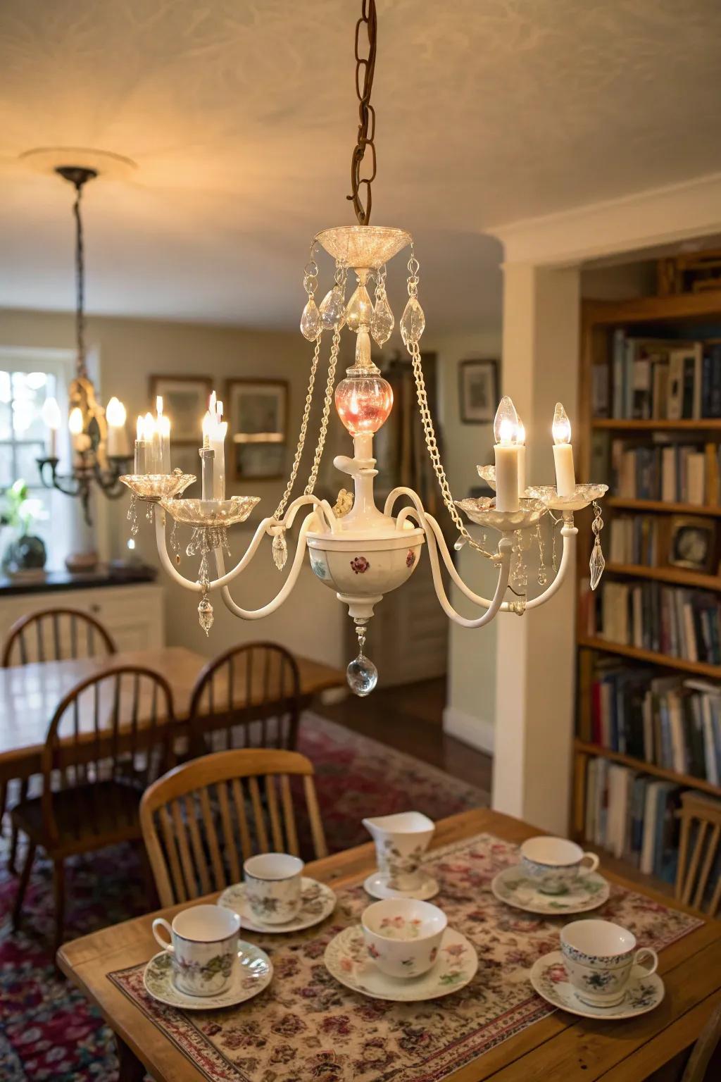 An enchanting chandelier adorned with teacups for a unique accent.
