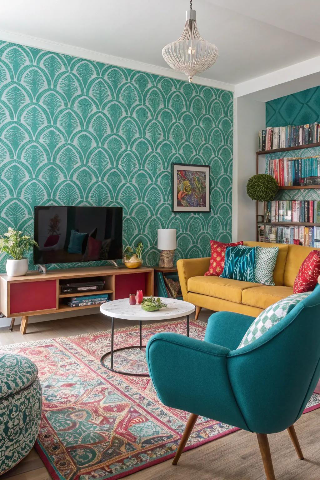 Patterned aquamarine wallpaper enhances character and depth to this vibrant room.
