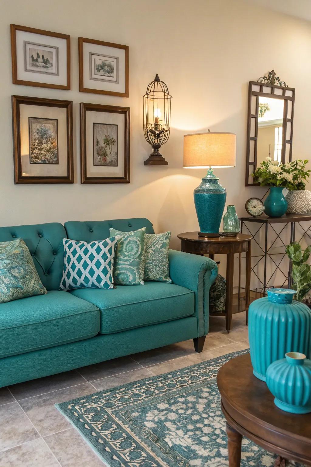 Teal accessories can craft a harmonious aesthetic with your settee.