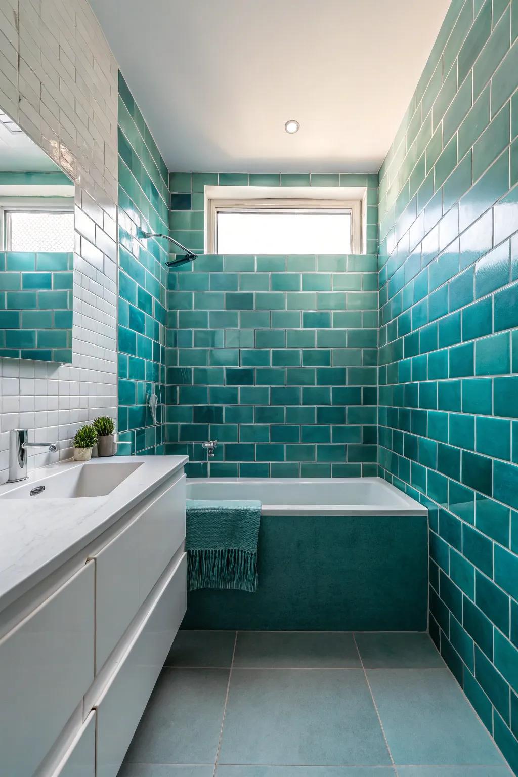 Monochrome teal tiling conjures a serene, unified aesthetic.
