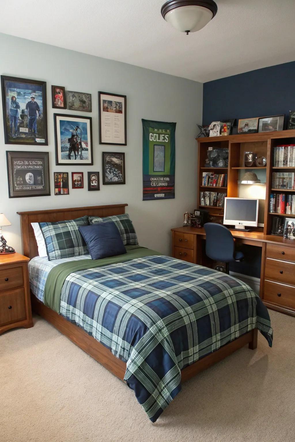Coordinated plaid bedding provides a cohesive look in this teen boy's room.
