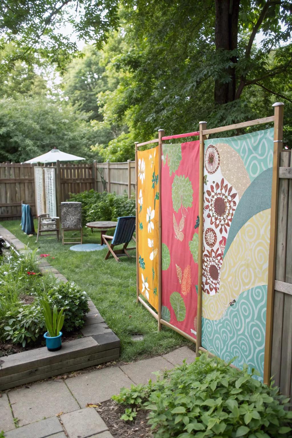 Fabric boards bring color and privacy to garden spaces.