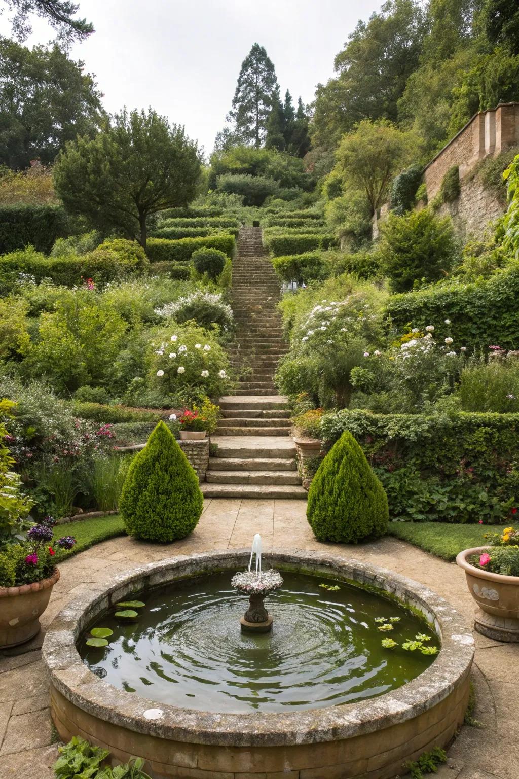 A serene water feature within a terraced garden, creating a calming atmosphere.