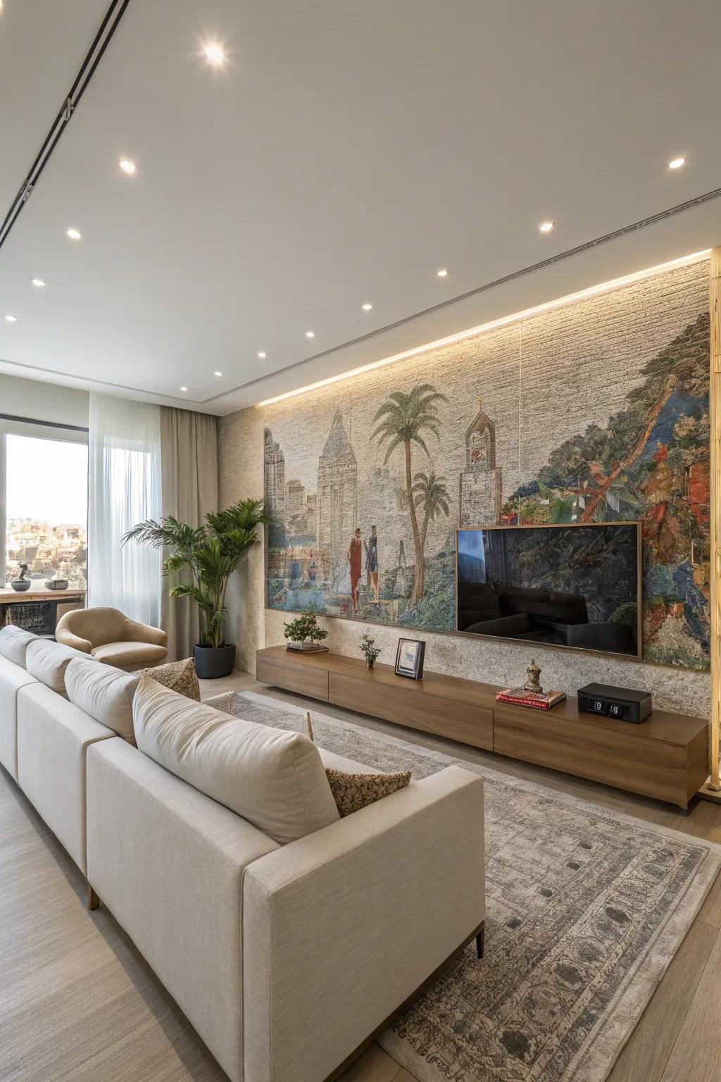 In this modern living room, a textured wall mural makes a bold impression.