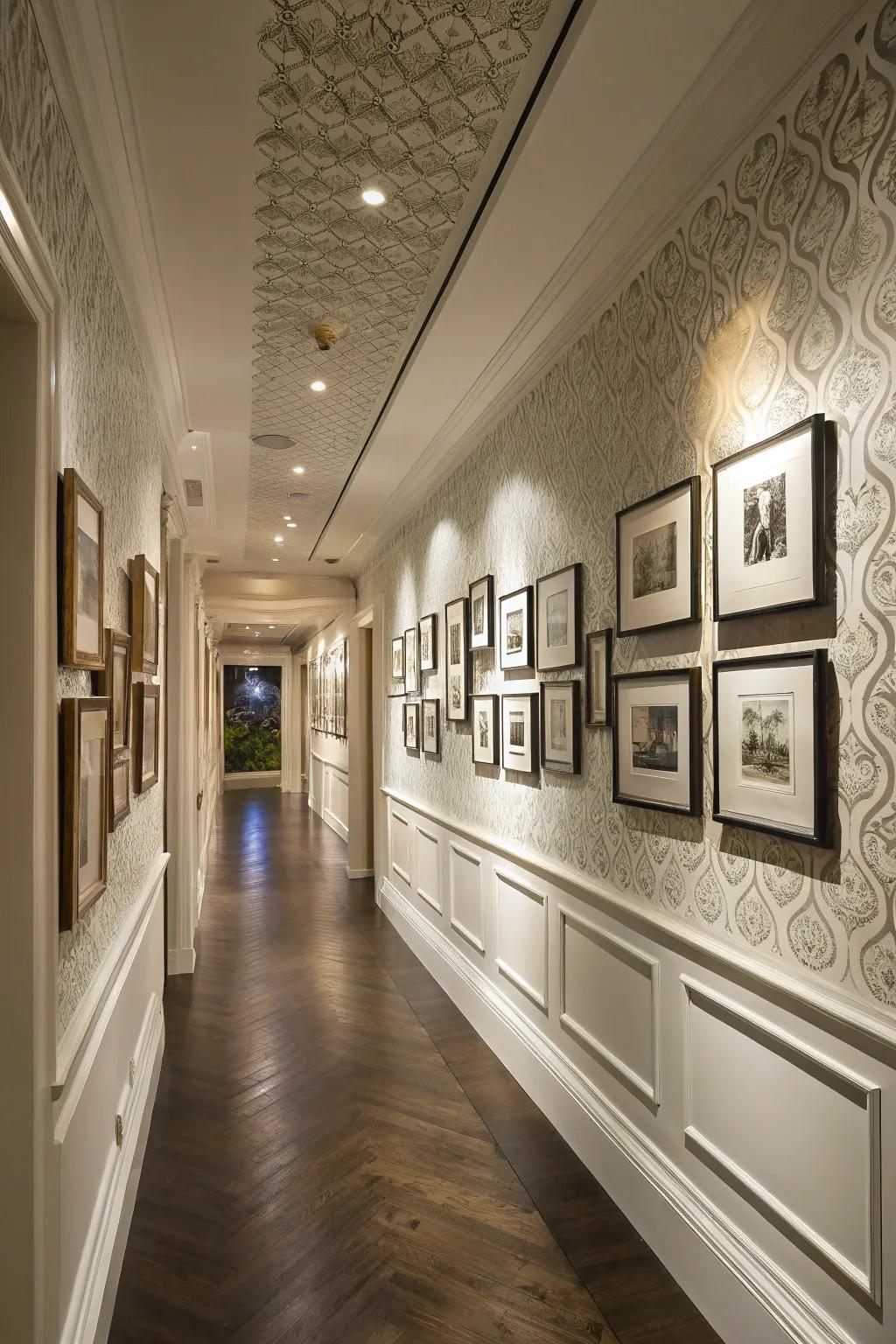 An elegant hallway featuring picture frame wall paneling.