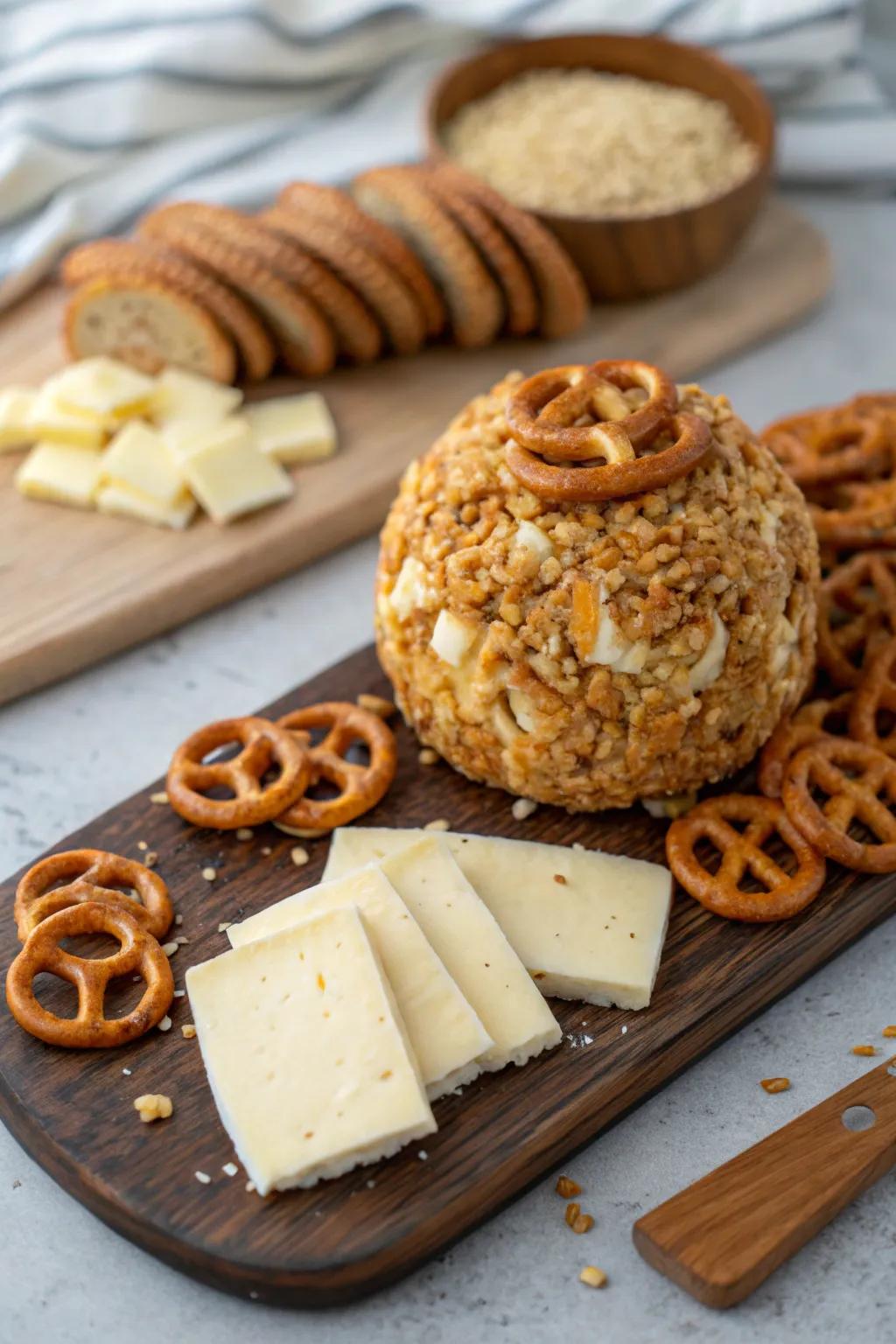 A nut-free cheese ball, showcasing a salted stick crust.