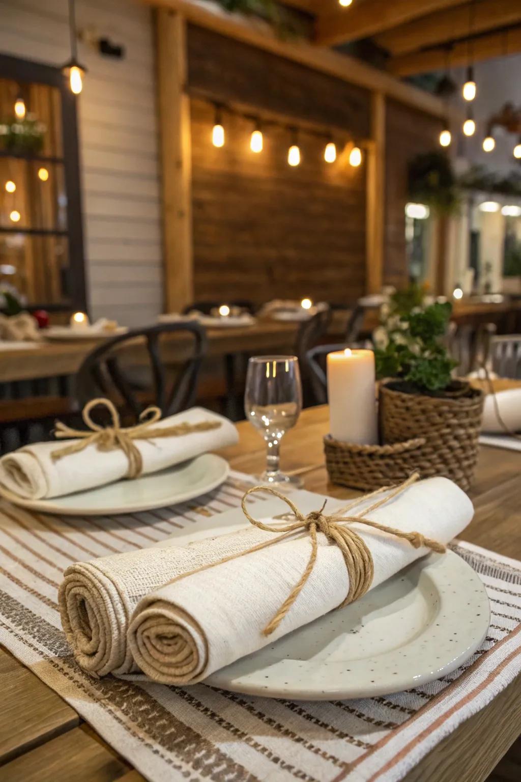 Twine-tied napkins offer a warm, rustic charm to your table.