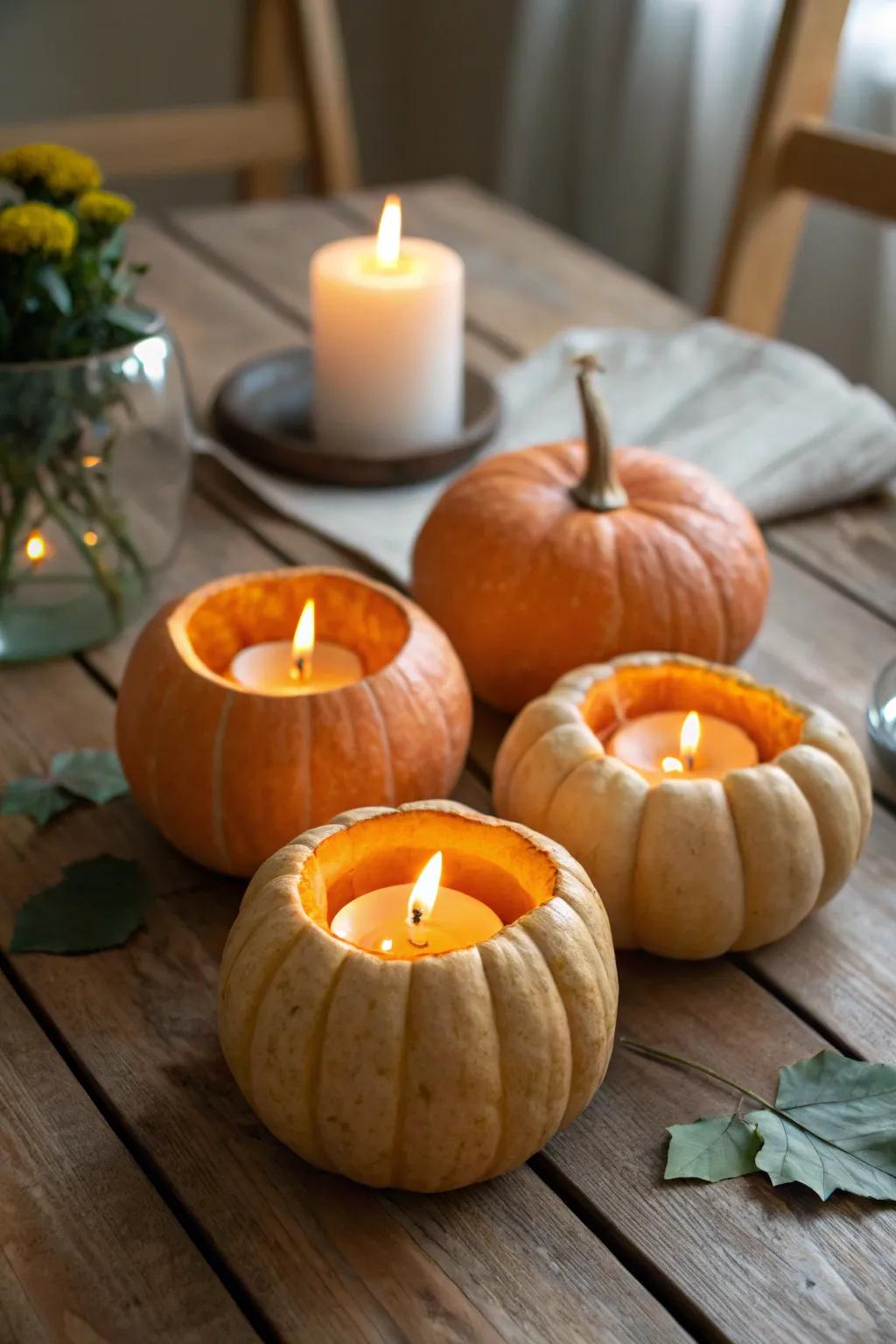 Warm pumpkin light holders that exude a snug atmosphere.