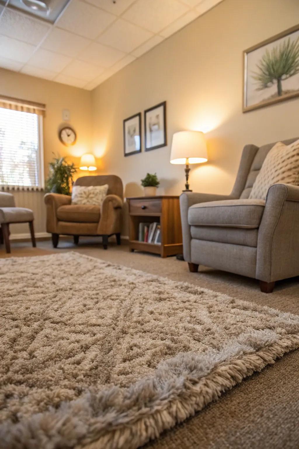 Carpets and floor coverings that append warmth and coziness to the area.