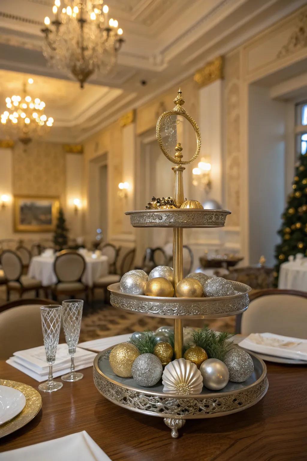 A glamorous tiered tray shines with metallic elegance.