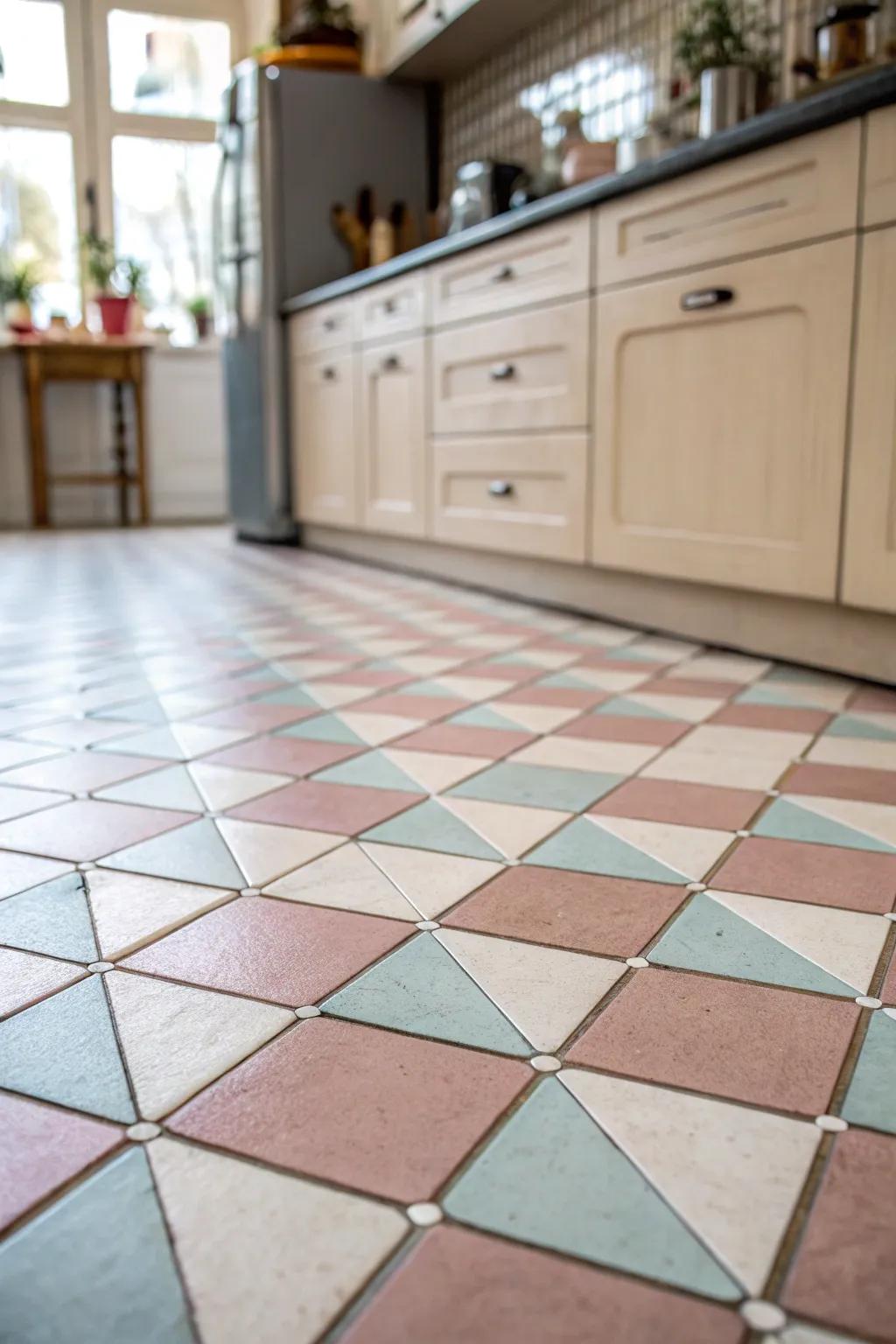 A pastel checkered design adds a playful twist to this cooking area.
