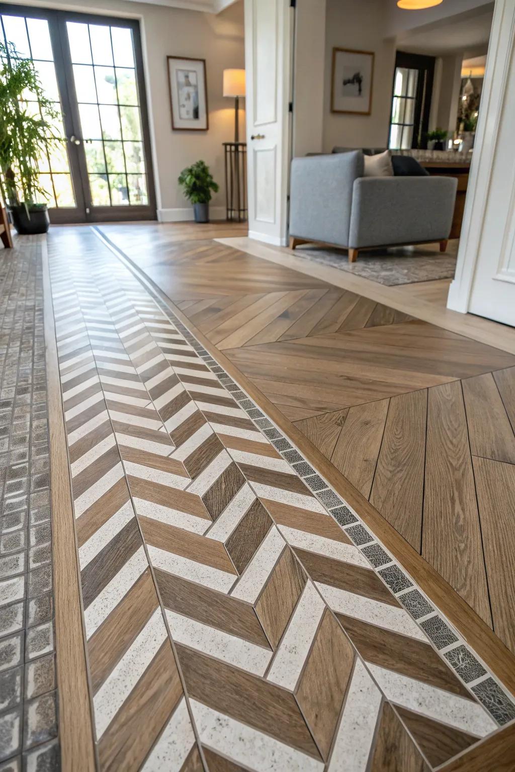 Chevron tiles establish a bold transition into timber flooring.