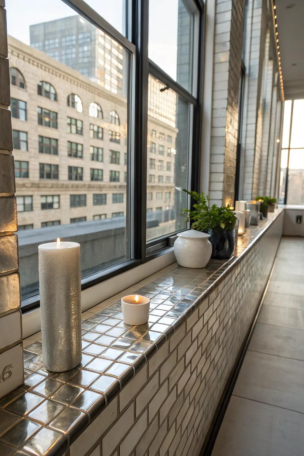 Reflective metallic tiles apply a sleek, modern stroke to this urban loft windowsill.