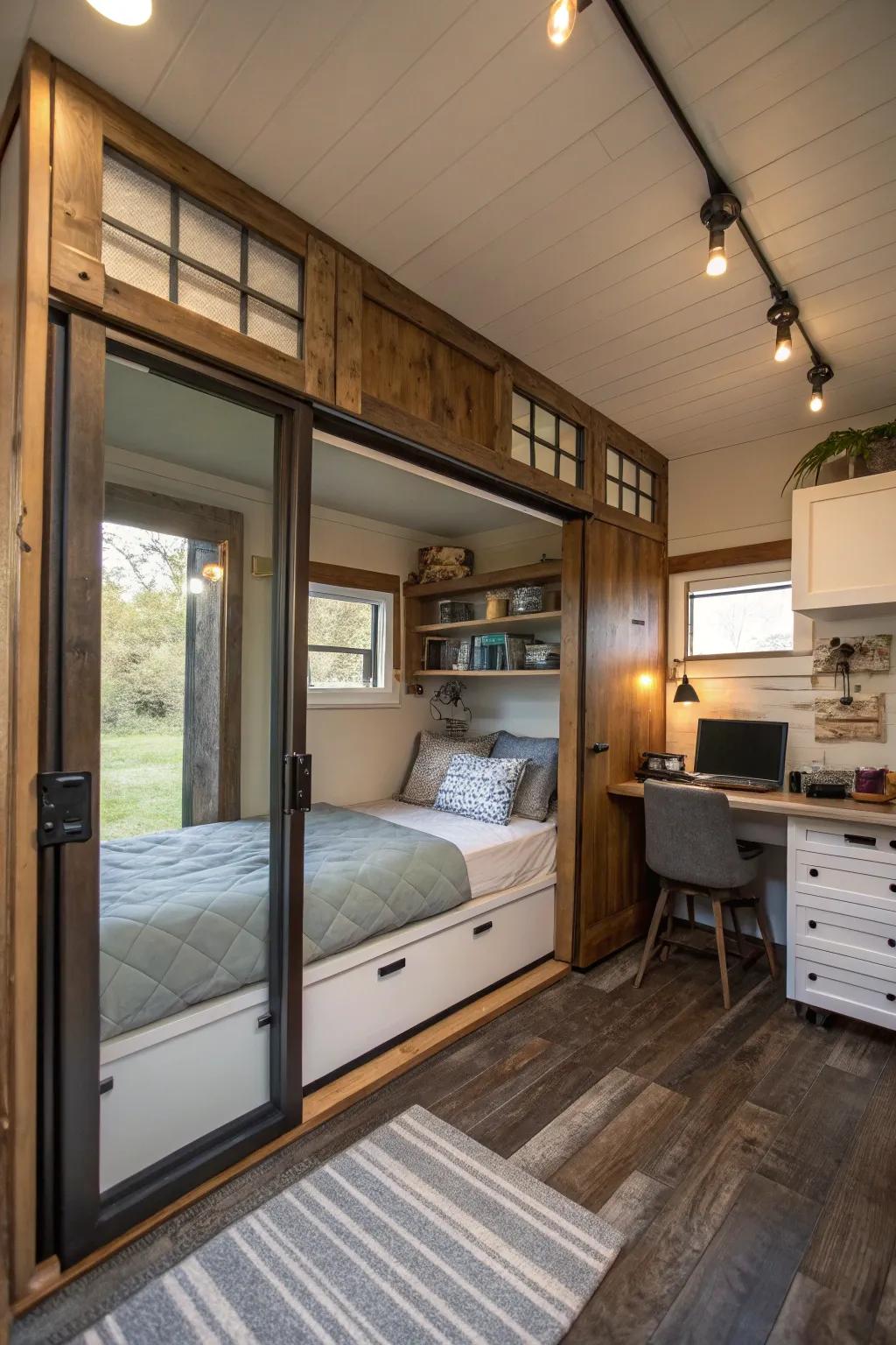 Sliding doors offering a way to save space in the small sleeping space.