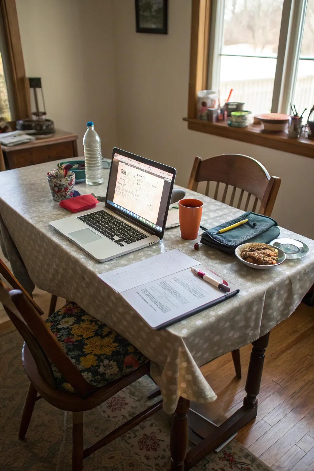 A multi-purpose dining surface is used as a productive workspace.