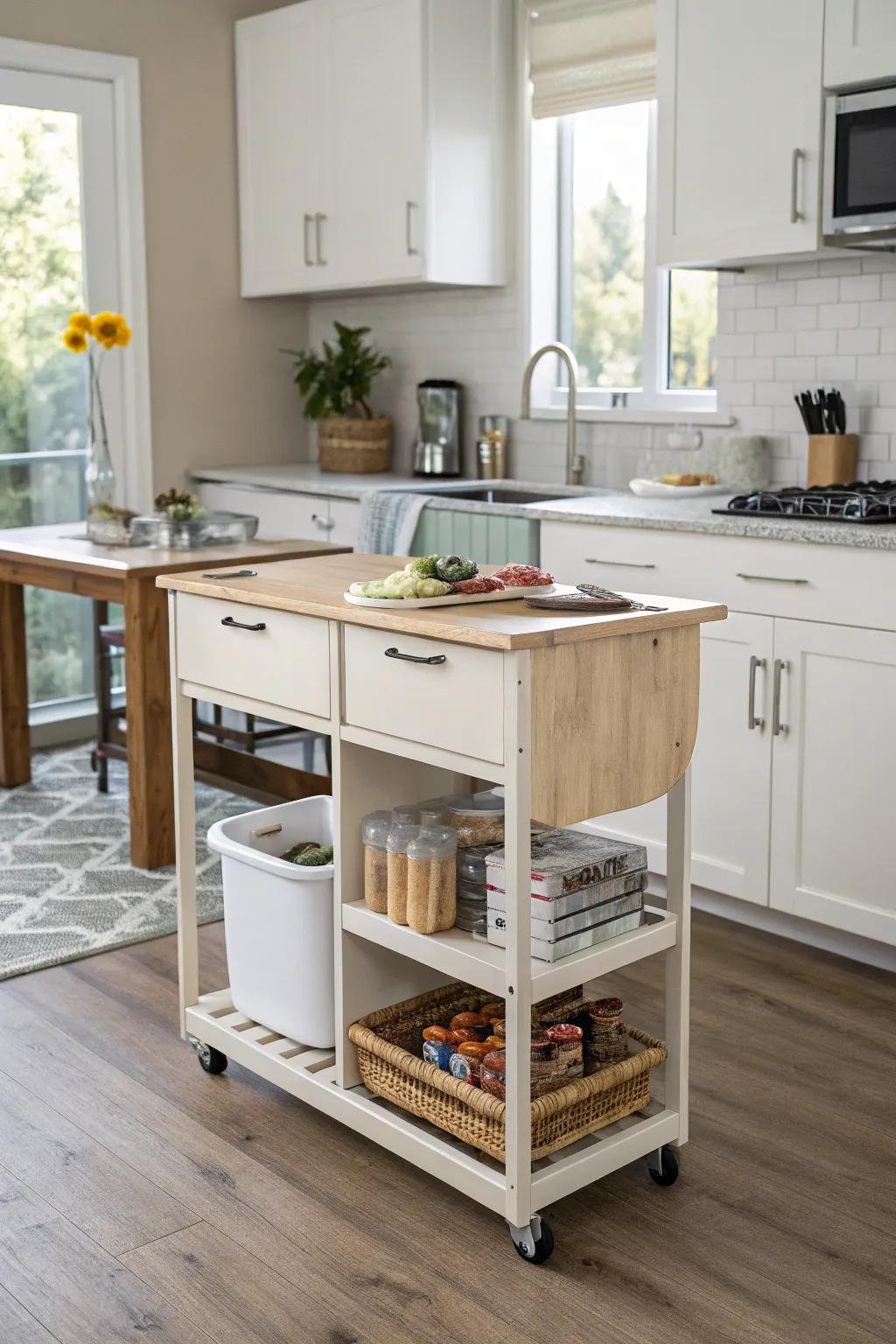 A moveable island adds flexibility and functionality to a small kitchen.