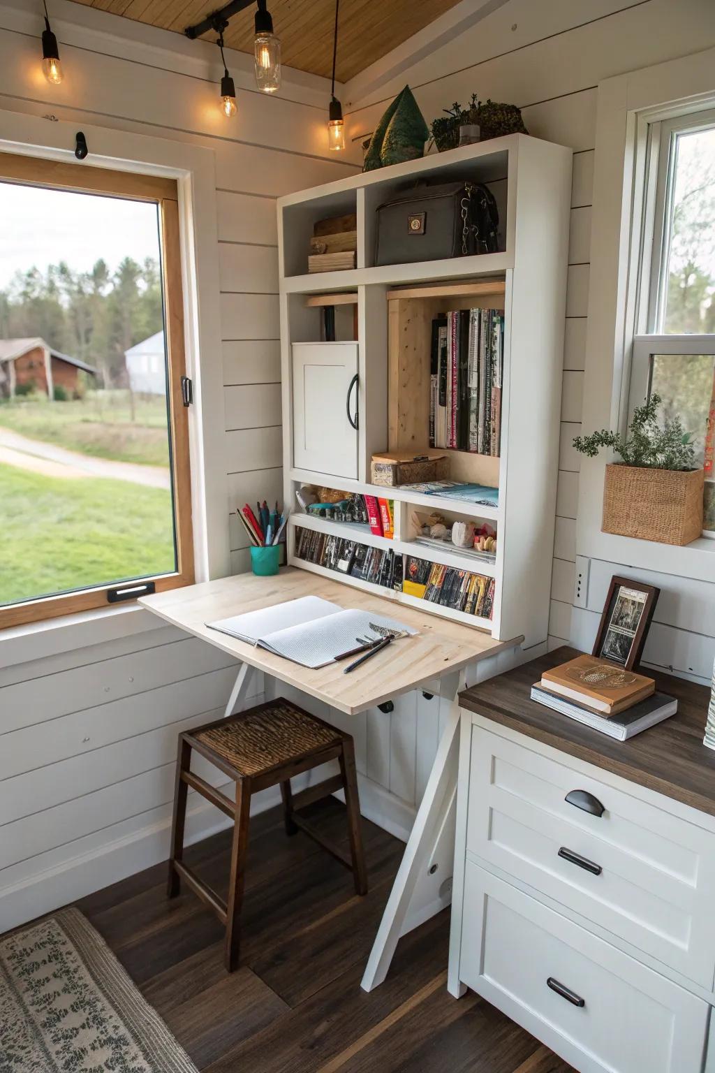 Collapsible furnishings and slide-out racks for versatile petite house workspaces