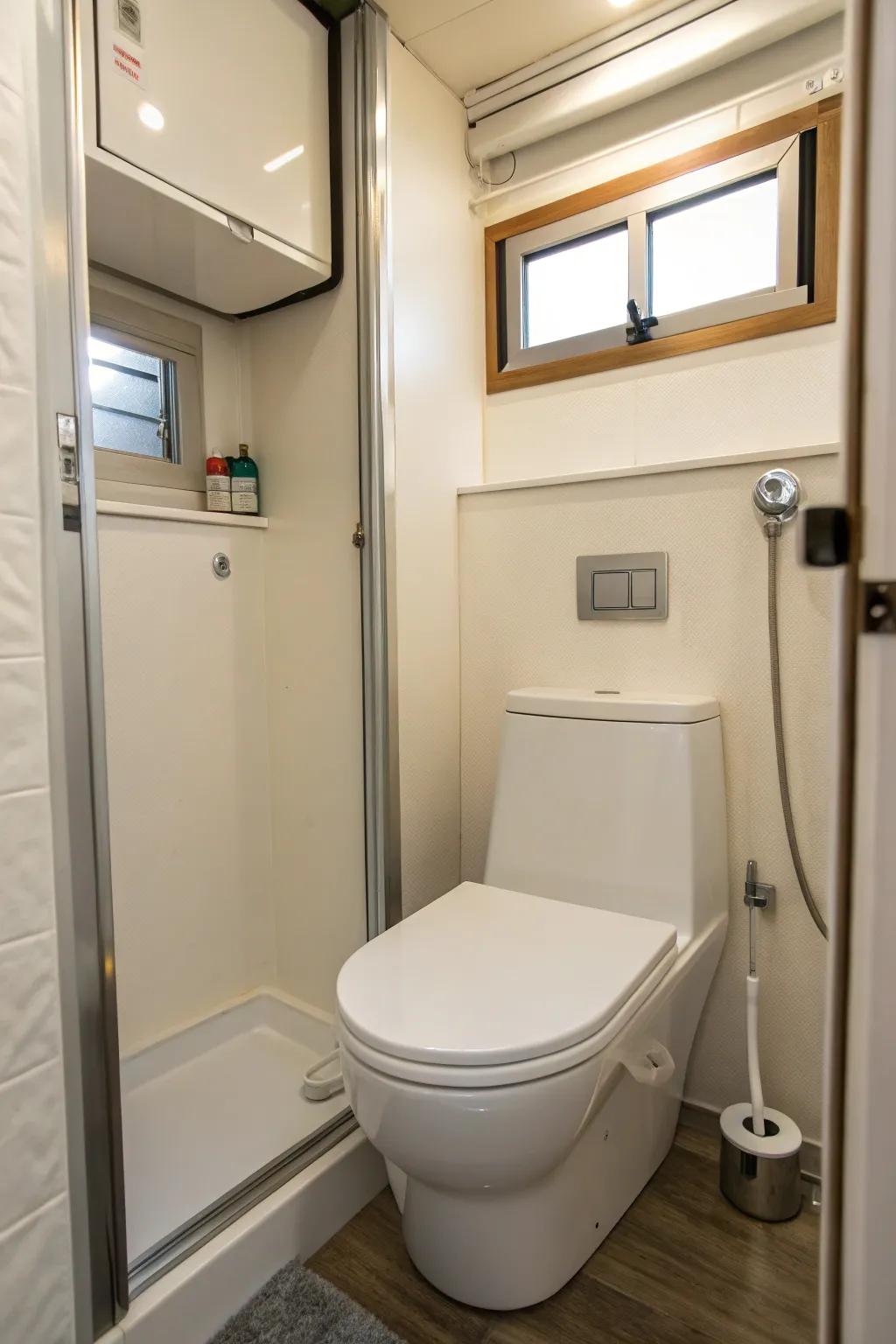 Creative two-purpose shower-toilet maximizing available space in the small bathroom