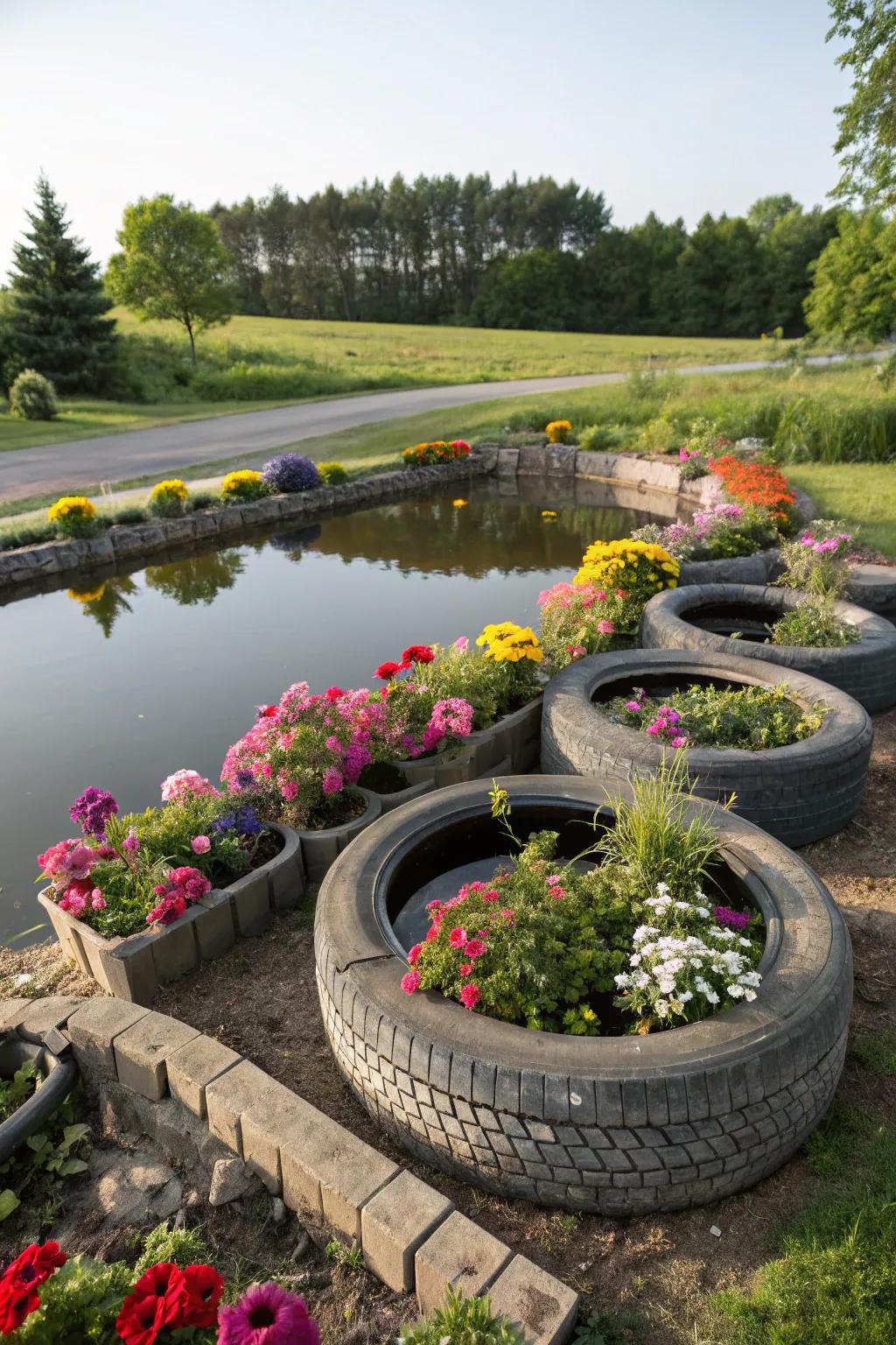 A tiered planter pond that merges water and greenery beautifully.