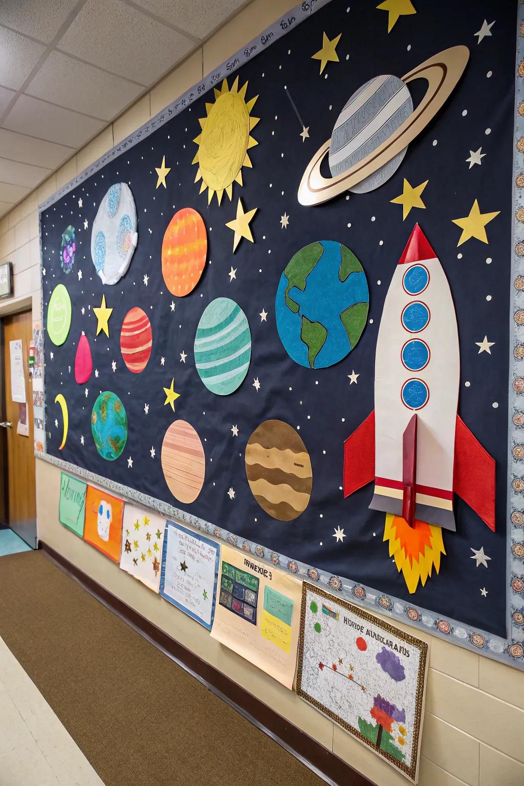 A space-themed board featuring planets and stars.