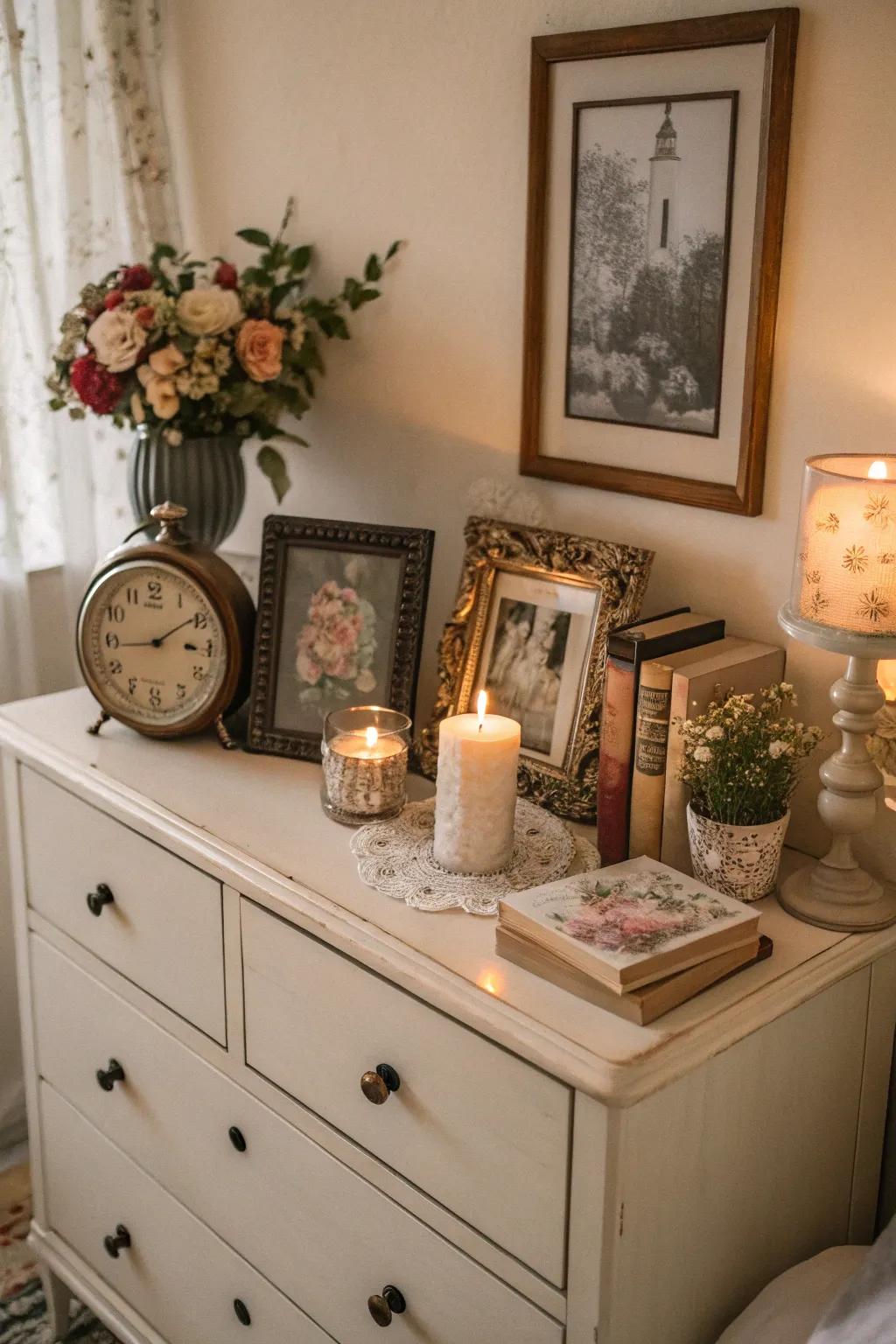 Vintage treasures add character and a sense of history to a dresser.