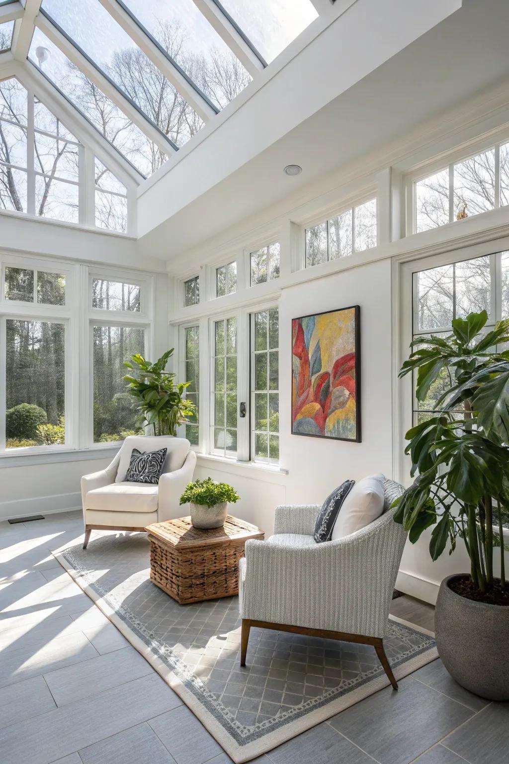 Arctic white walls in a sunroom delivering a clean and modern aesthetic.
