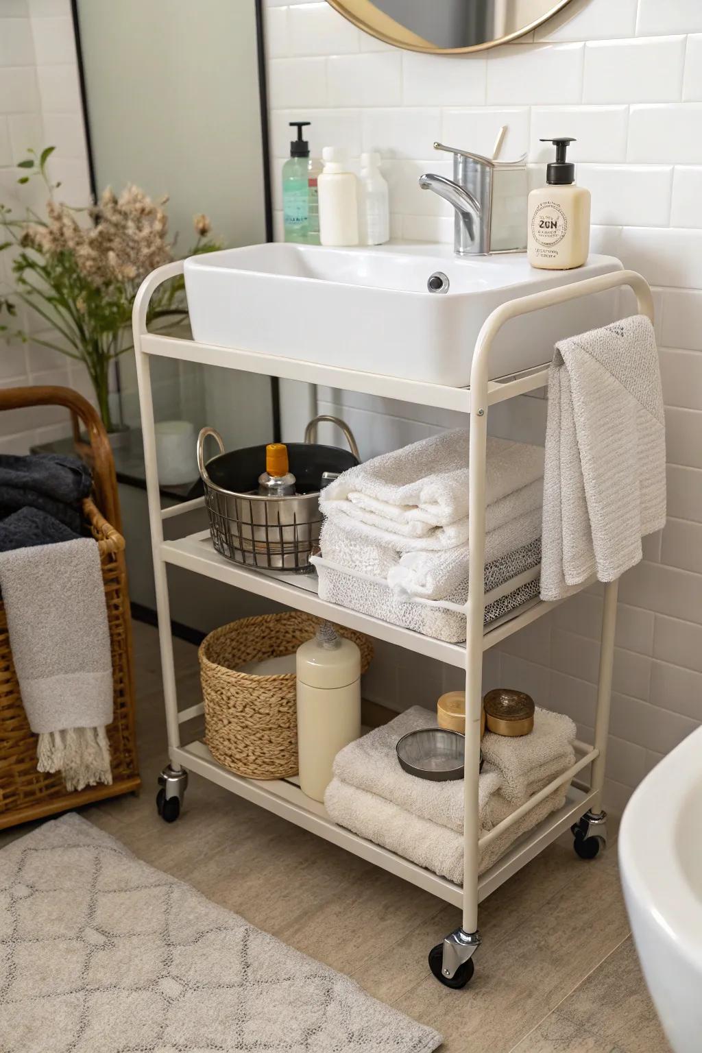 Rolling carts provide mobile and adaptable storage options.