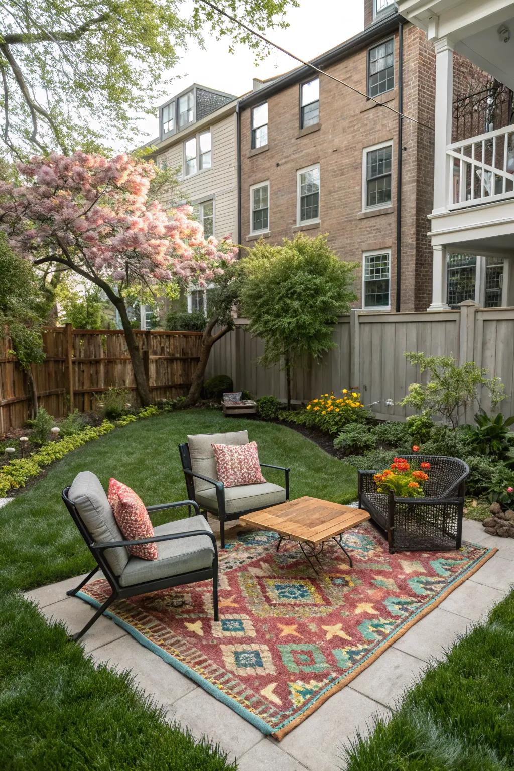 Demarcate areas using fashionable exterior carpets.