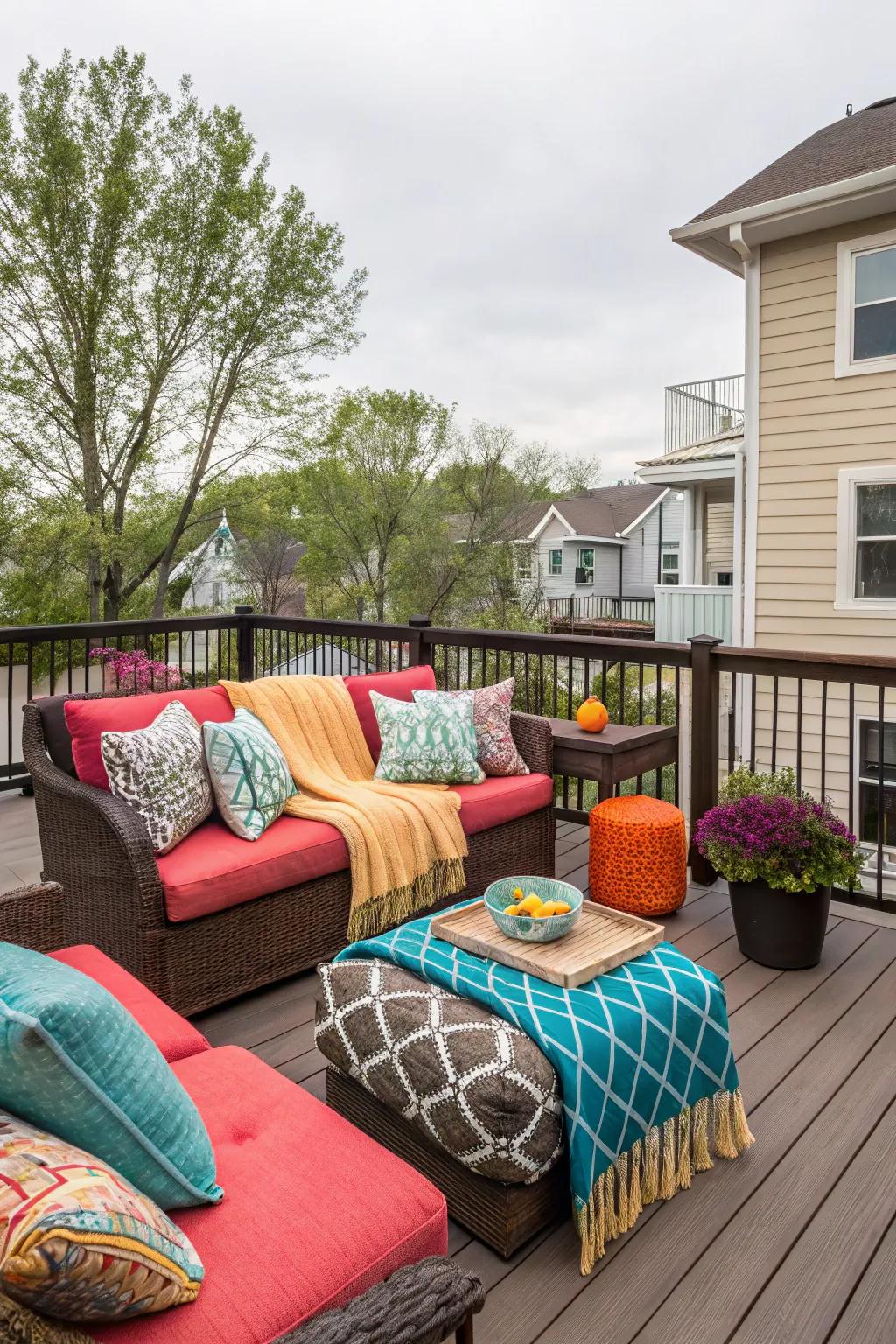 Incorporate bursts of color using fabrics to render your deck inviting and comfortable.