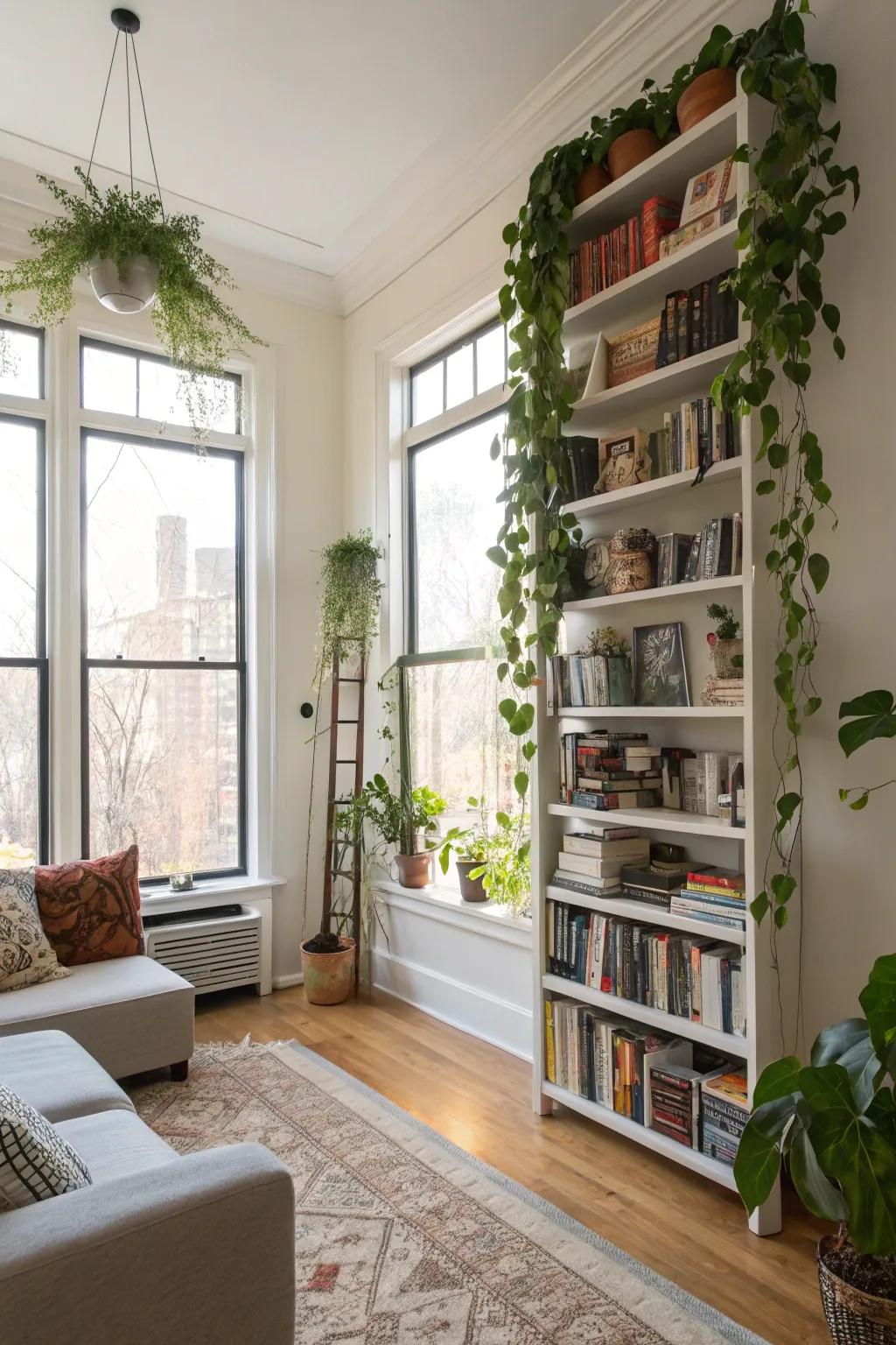 Vertical space is optimized through chic towering shelves and suspended flora.