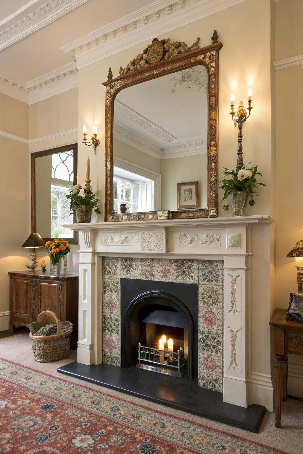 A large reflection above the mantel enhances space dimension.