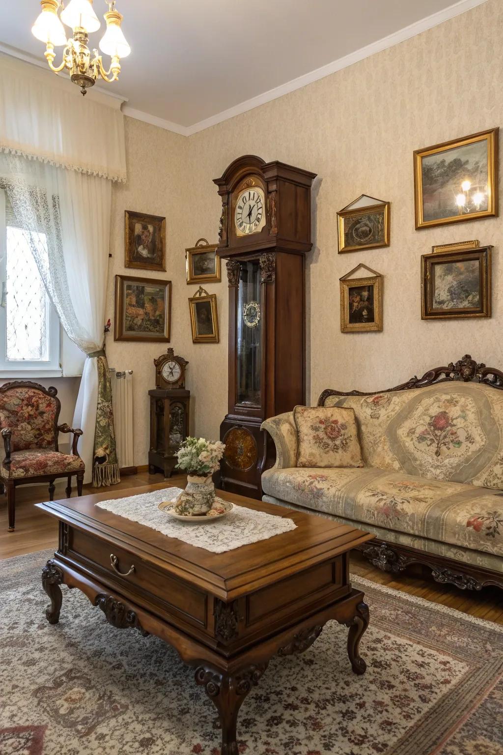 Antique finds add individuality and allure to this traditional relaxation space.
