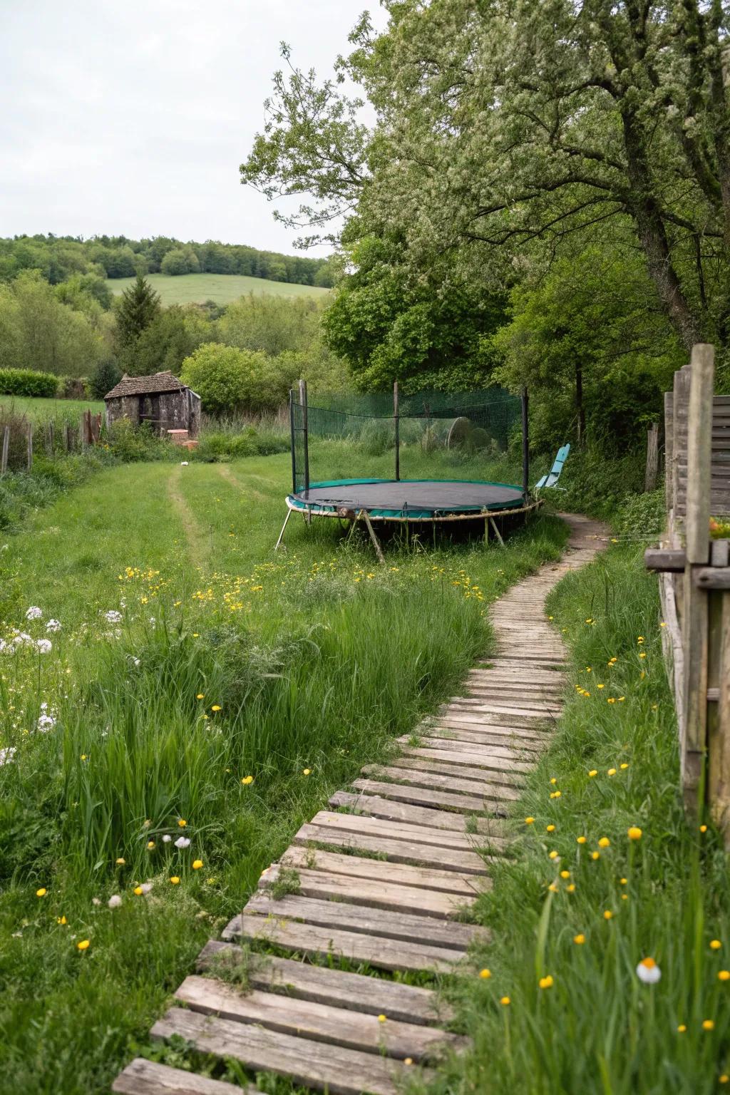 A rustic wooden path creating an inviting route to the bouncer.