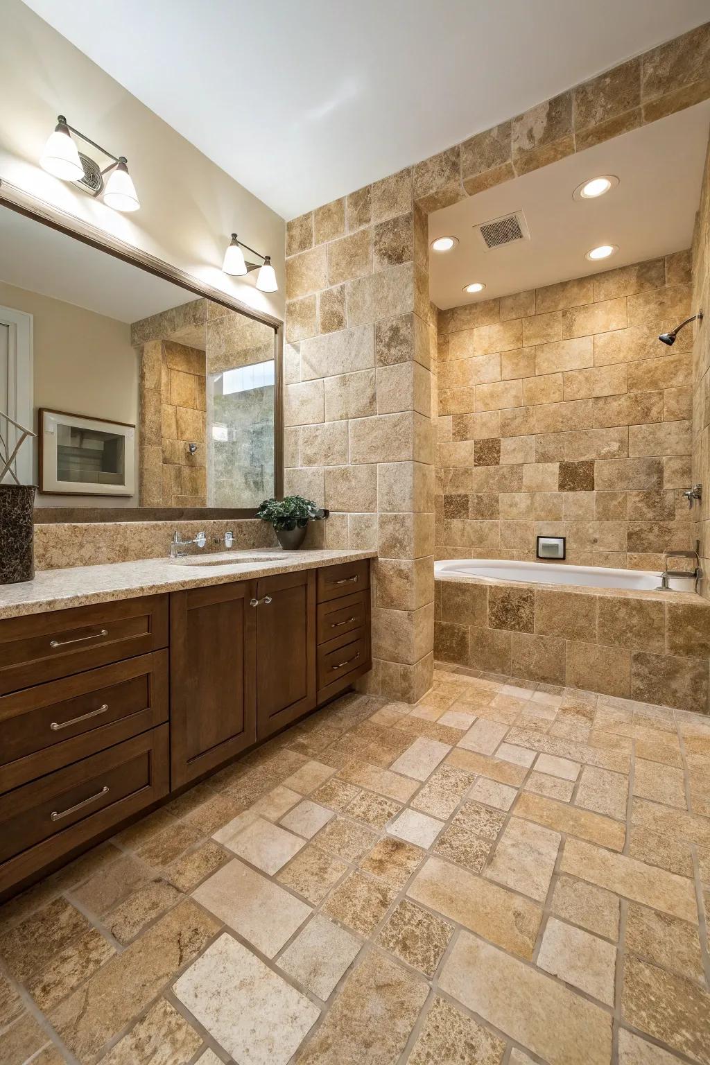 A bathroom featuring a mix of textures with different cuts of travertine tiles.