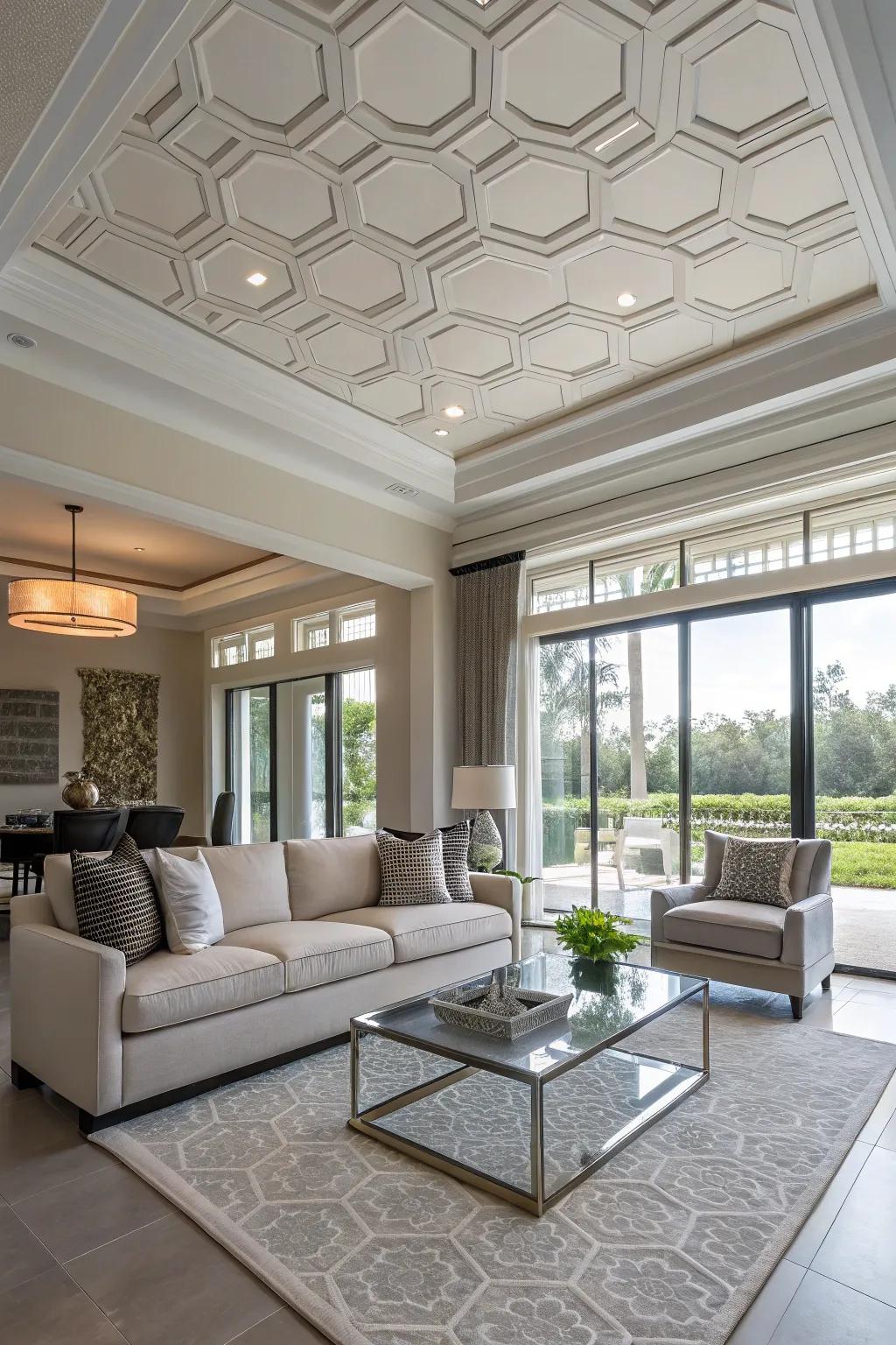 A modern living room with a striking hexagonal tray ceiling.