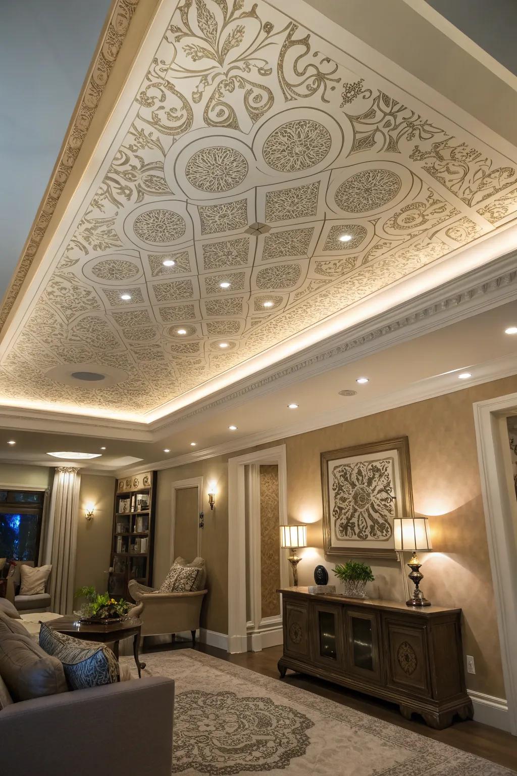 An artistic room featuring a tray ceiling with stenciled designs.