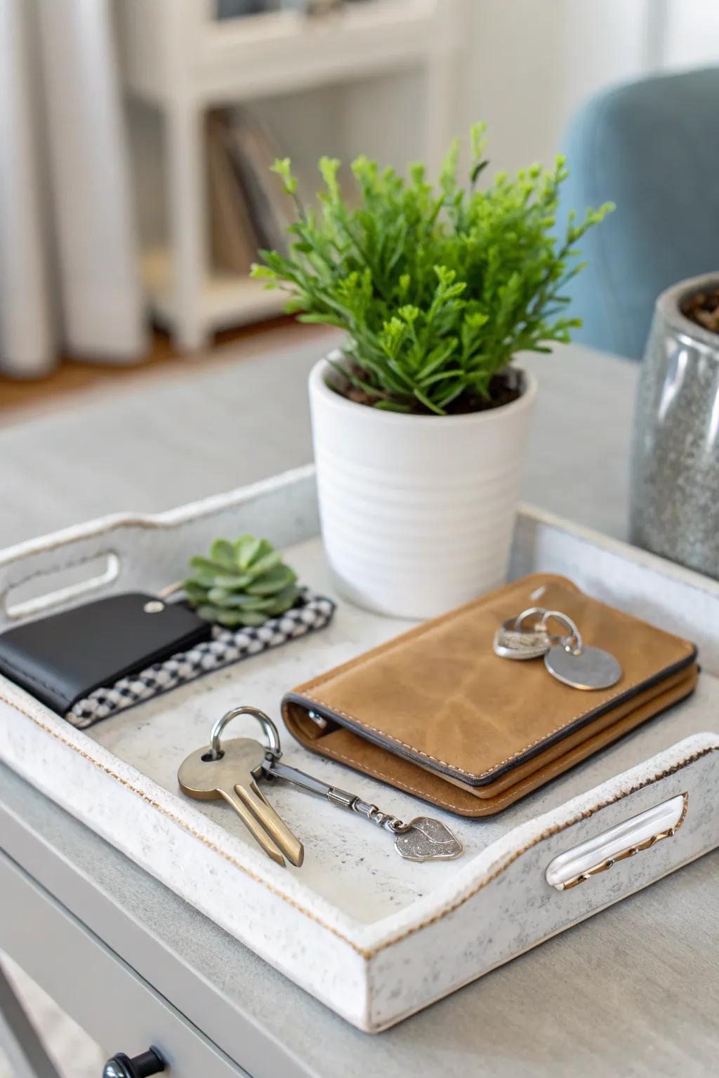 An orderly entryway featuring a practical collection tray.