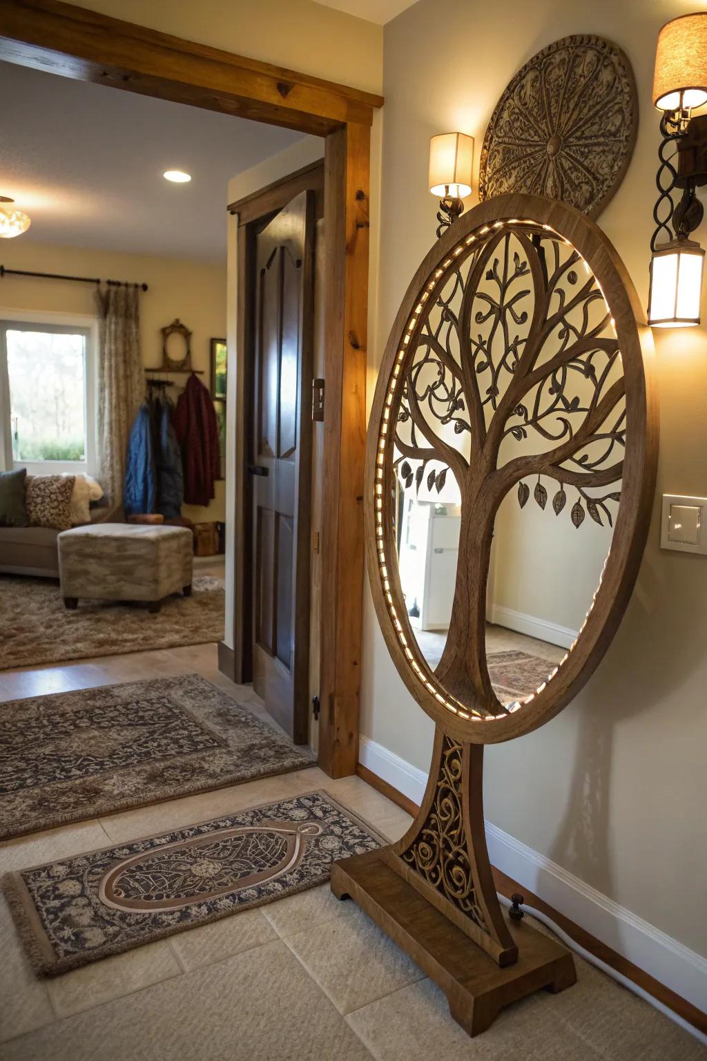 Arbor Vitae mirror reflecting light in a welcoming entryway.