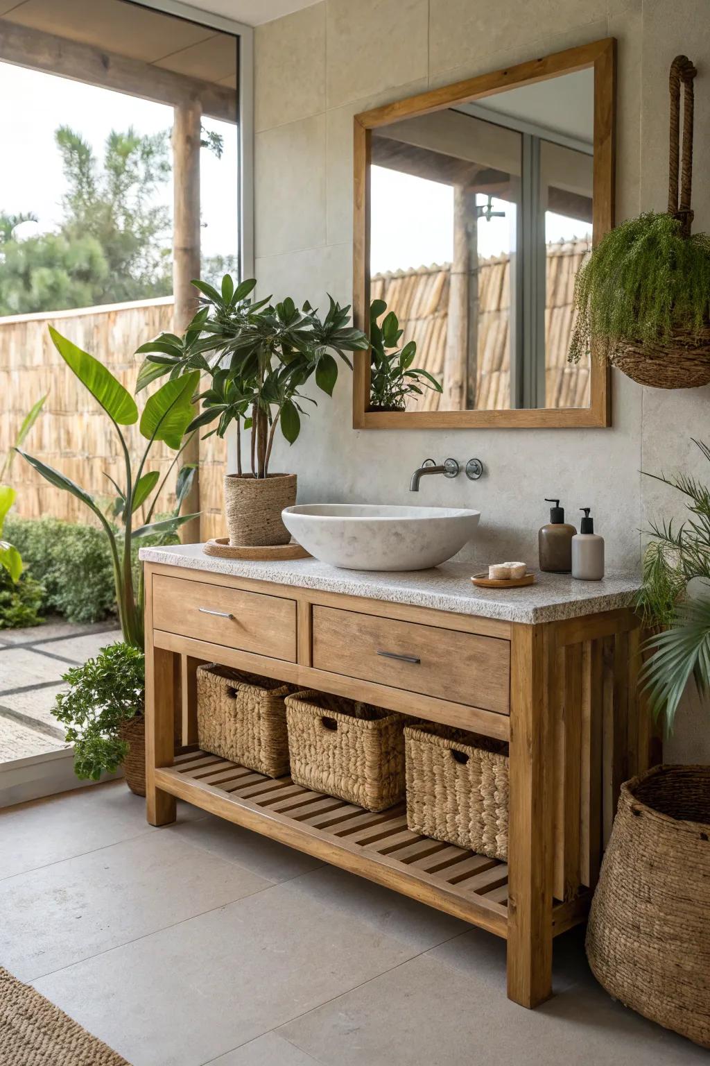 A bathroom vanity created from environmentally friendly materials for a sustainable, natural appearance.